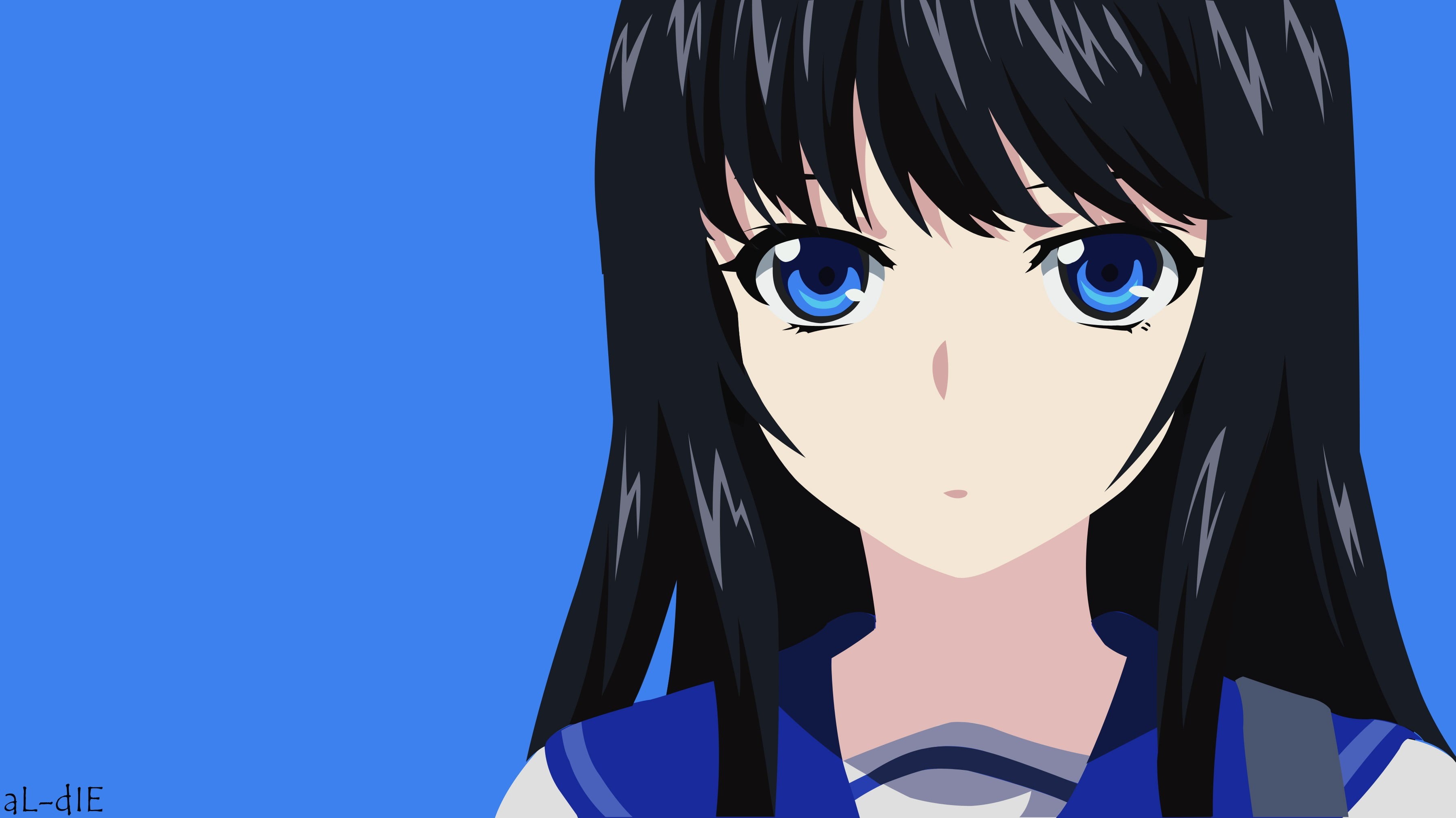 blue, low angle view, 2K, anime girls, representation, headshot, human representation, real people, day, one person, blue background, clear sky, copy space, HD Wallpaper