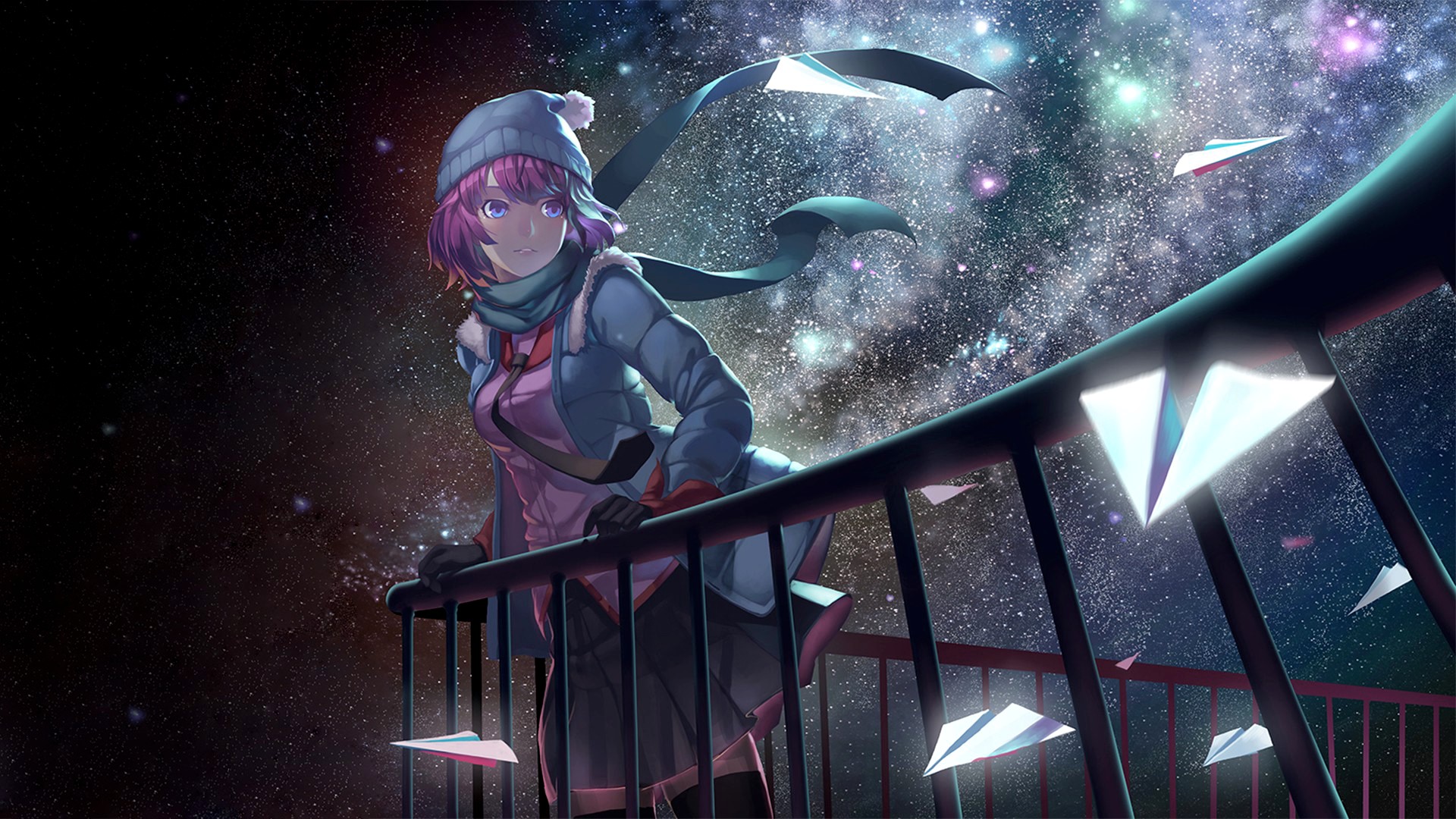 Senjougahara Hitagi, anime girls, purple hair, 1080P, stars, Monogatari Series, manga, sky, no laifu, night, winter, No waifu, HD Wallpaper