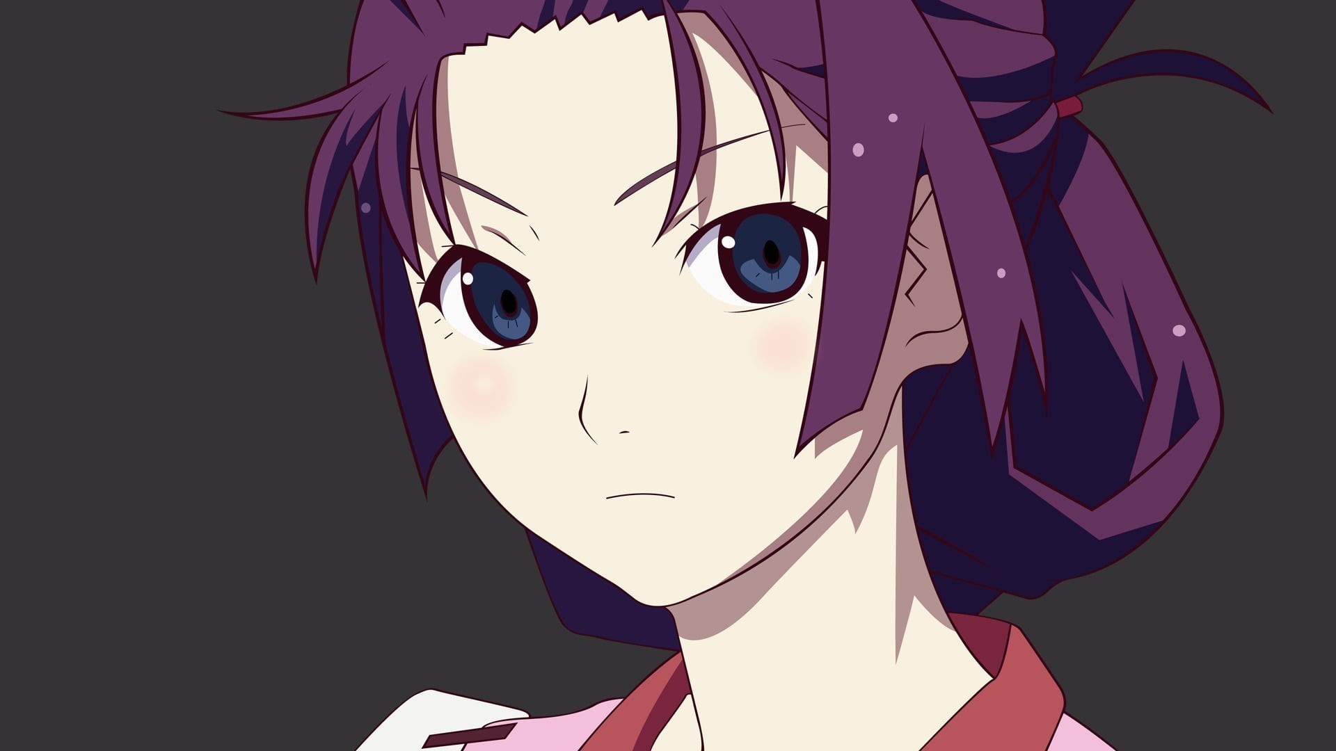 creativity, dress, portrait, painting, anime, indoors, studio shot, headshot, red, black background, representation, purple, 1080P, Senjougahara Hitagi, HD Wallpaper
