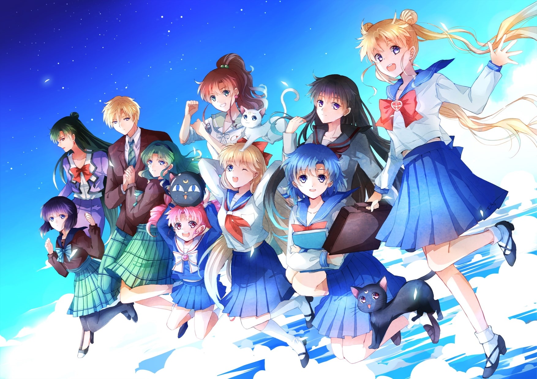blue, tsukino usagi, adult, togetherness, aino minako, crowd, childhood, happiness, 720P, large group of people, real people, fun, women, tomoe hotaru, HD Wallpaper