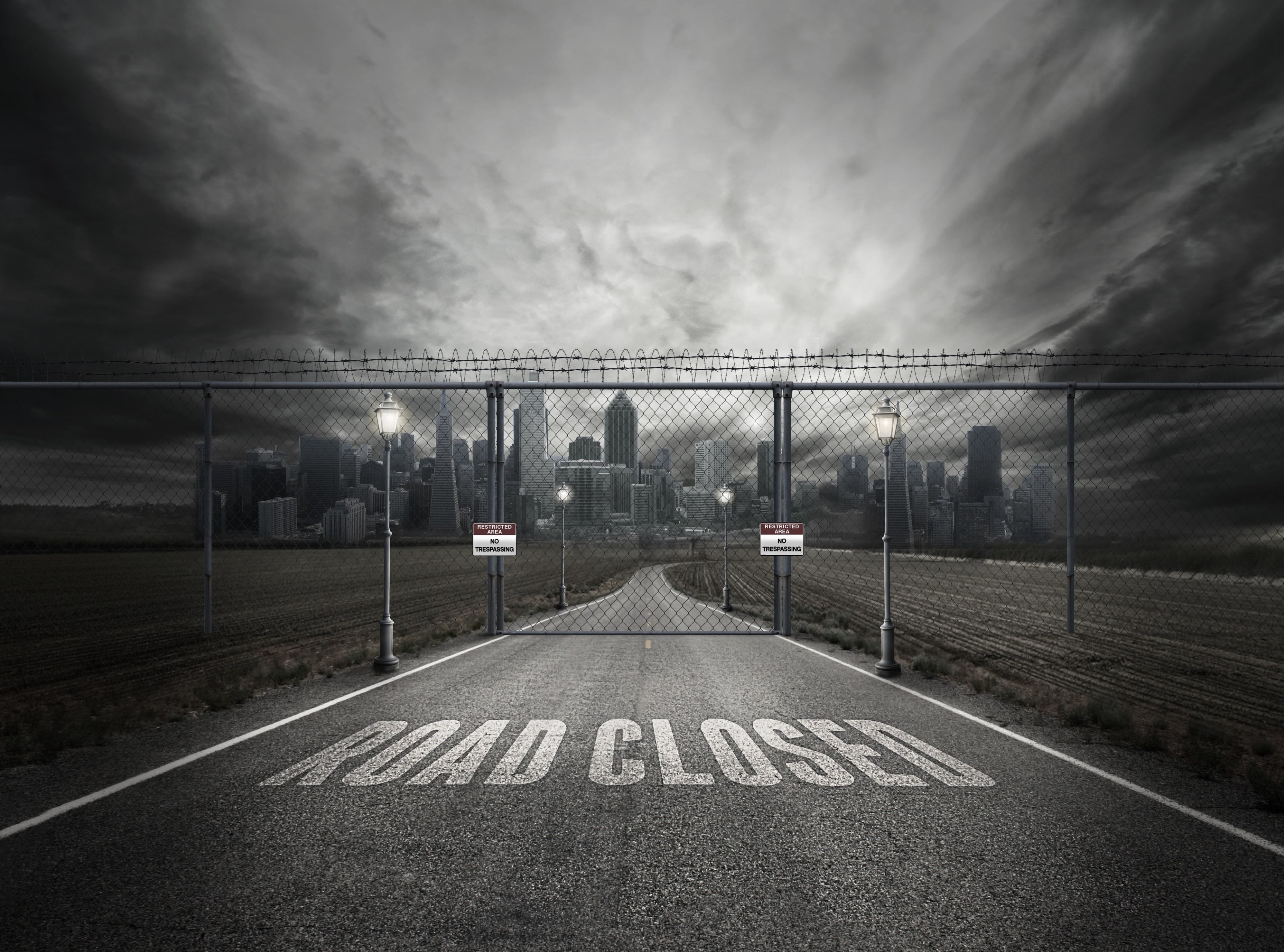 cloud - sky, sky, restricted, closed, NoTrespassing, Fence, Dark, printed, Forbidden, outdoors, City, diminishing perspective, bridge - man made structure, HD Wallpaper