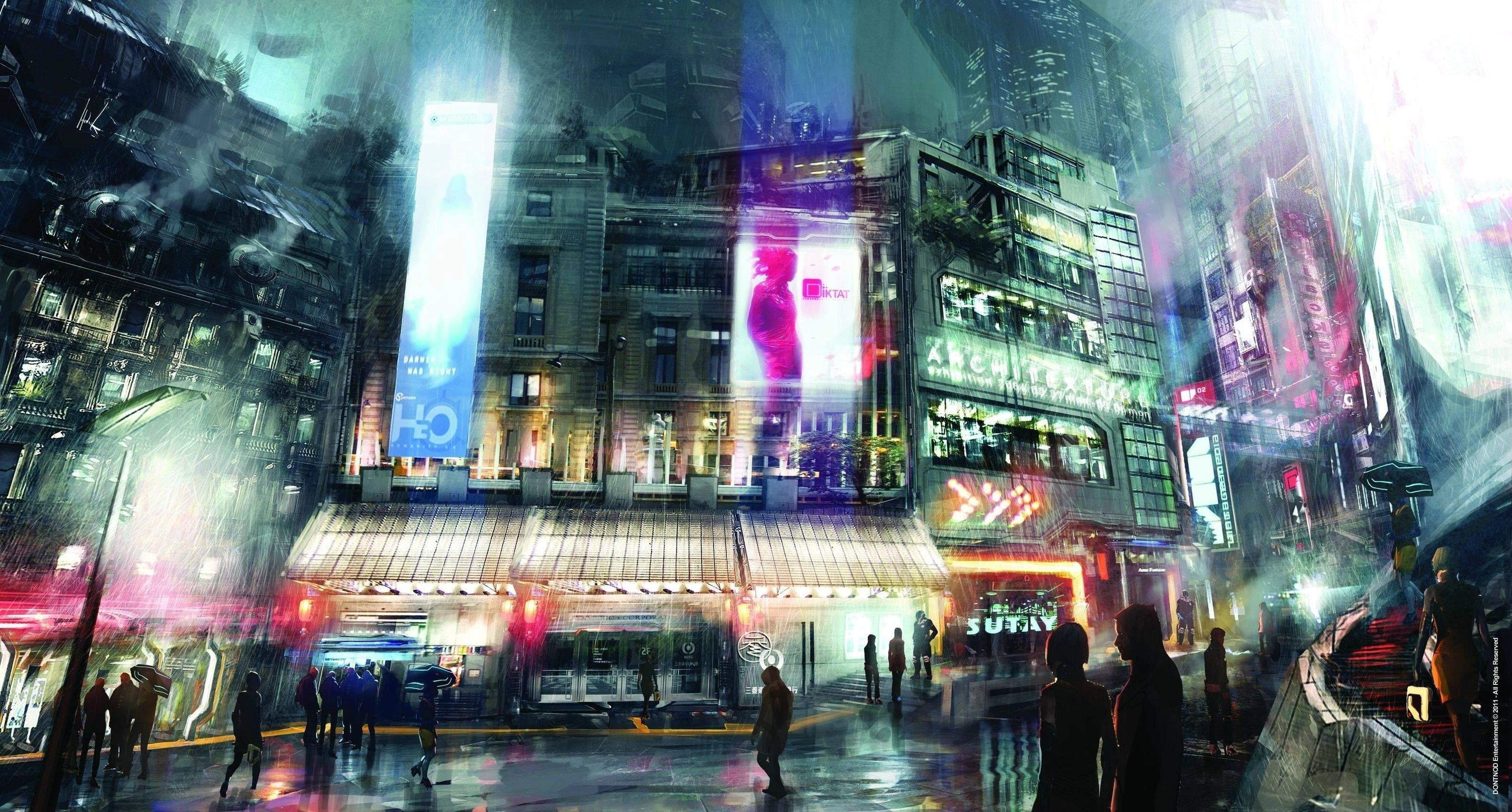 crowd, awnings, blurred motion, city life, men, architecture, cyberpunk, 2K, incidental people, city, illustration, neon, women, large group of people, HD Wallpaper