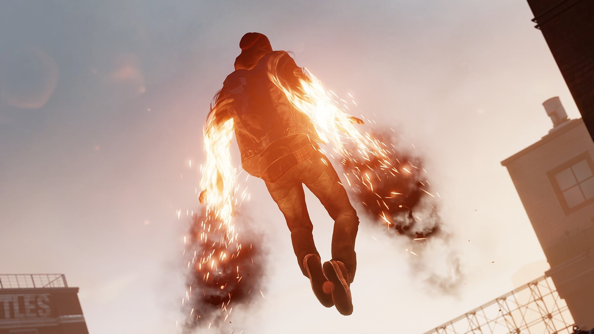 men, sky, Infamous: Second Son, nature, firework, outdoors, leisure activity, jumping, one person, women, built structure, full length, building exterior, HD Wallpaper