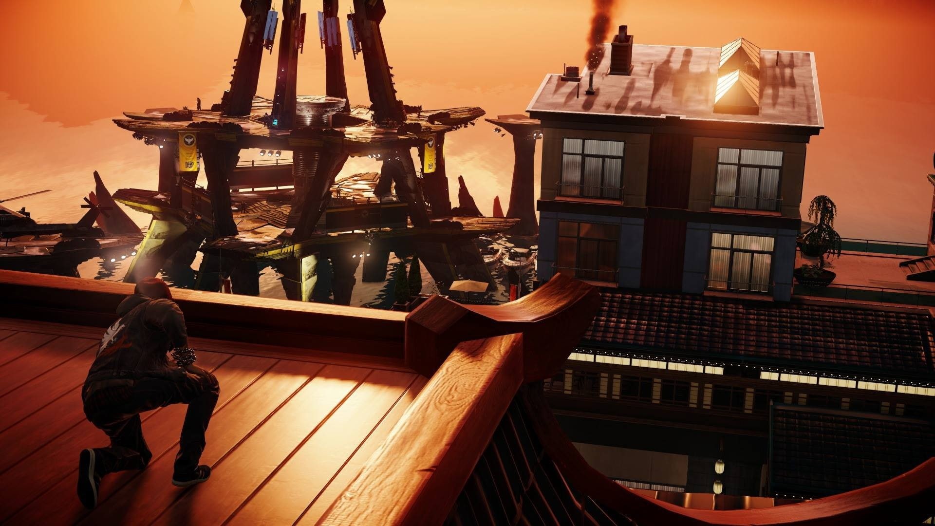 Infamous: Second Son, women, high angle view, building, 1080P, lifestyles, window, wood - material, city, railing, building exterior, table, architecture, HD Wallpaper