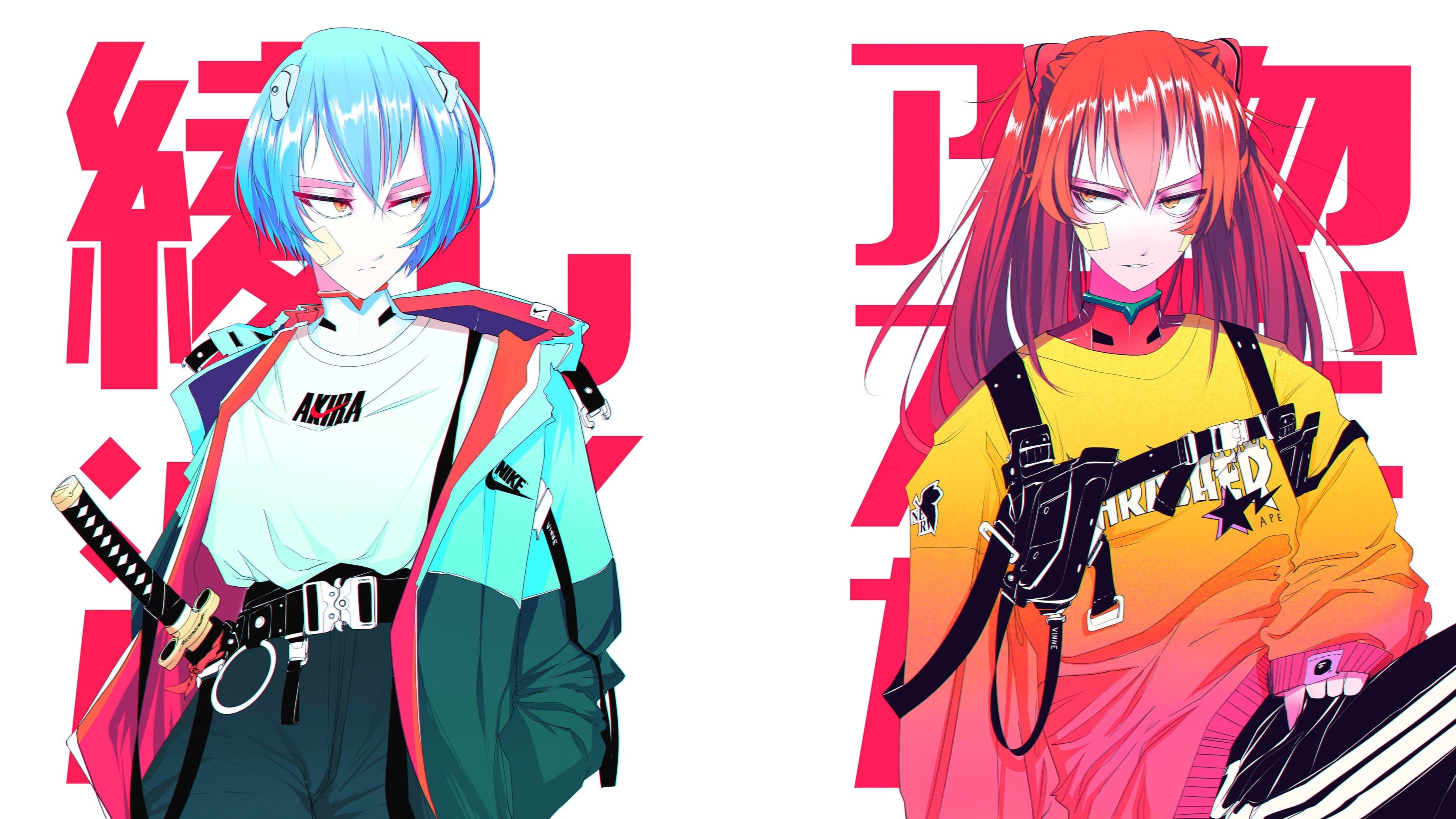Neon Genesis Evangelion, Ayanami Rei, Nike, Vinne, blue hair, Asuka Langley Shikinami, anime girls, Nerv, anime, katana, redhead, short hair, Asuka Langley Soryu, HD Wallpaper