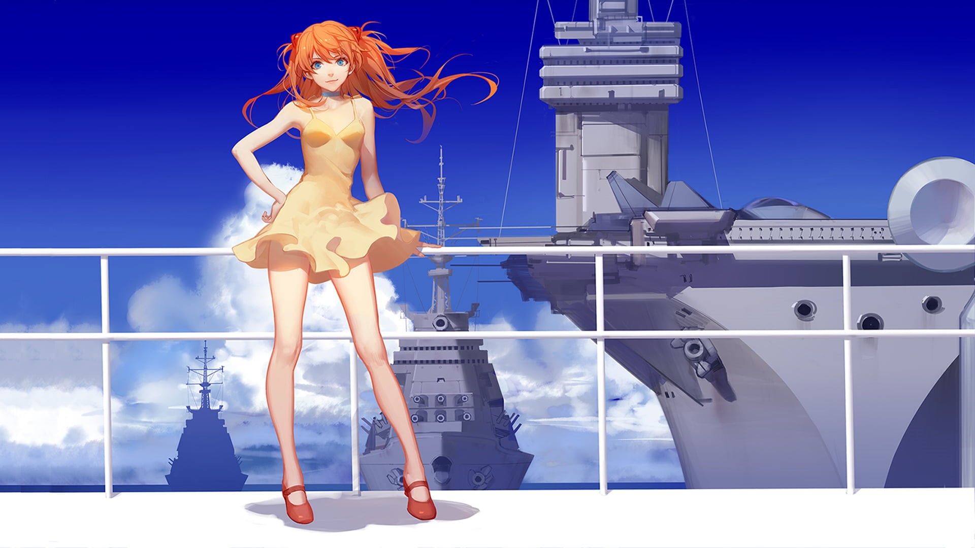 futuristic, sky, human representation, standing, anime, blue, beautiful woman, young adult, dress, digital composite, technology, cyborg, adult, one person, HD Wallpaper