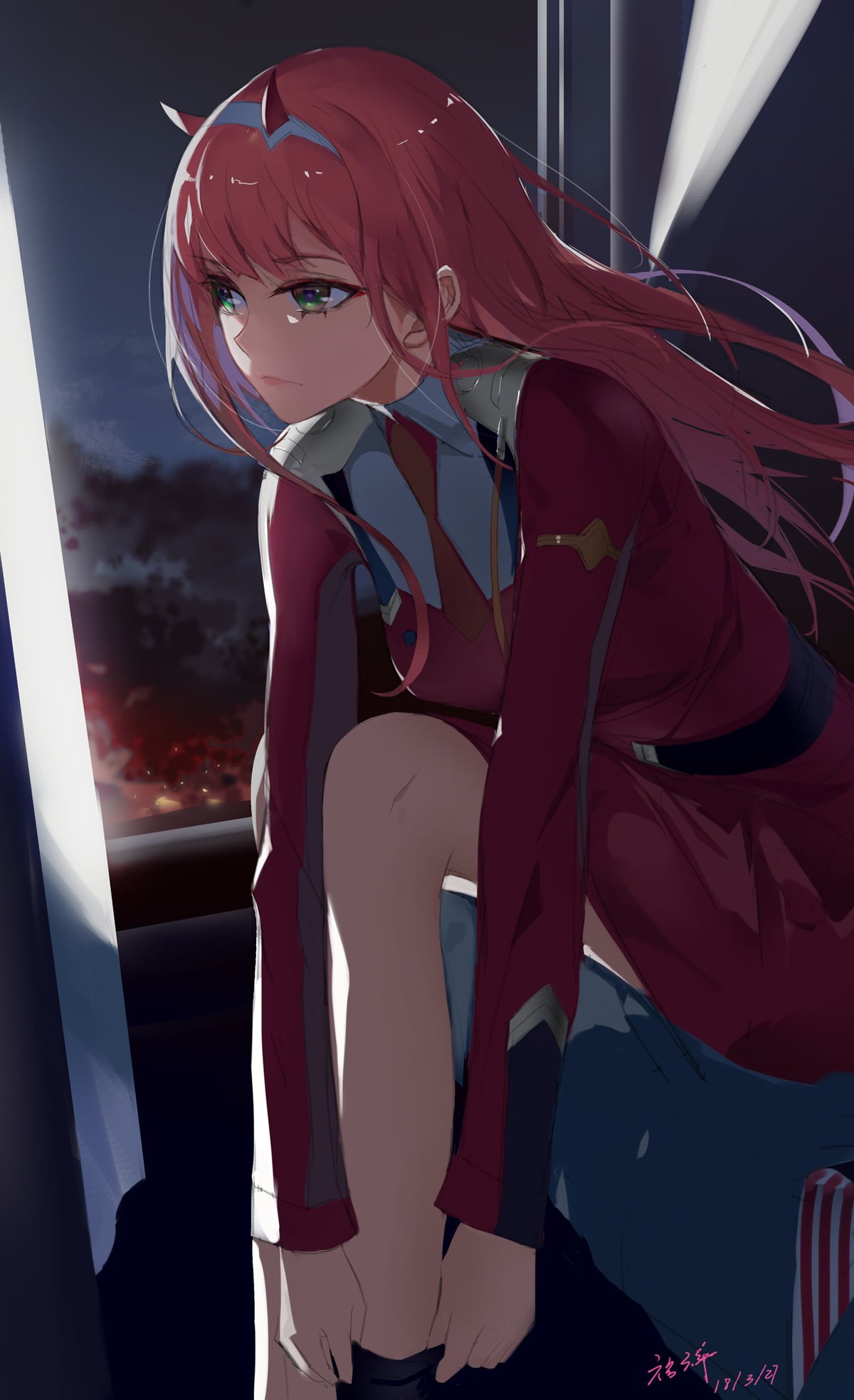 pink hair, vertical, legs, anime, portrait display, green eyes, 1080P, tie, long hair, anime girls, digital art, Darling in the FranXX, Darling the franxx, Phone HD Wallpaper