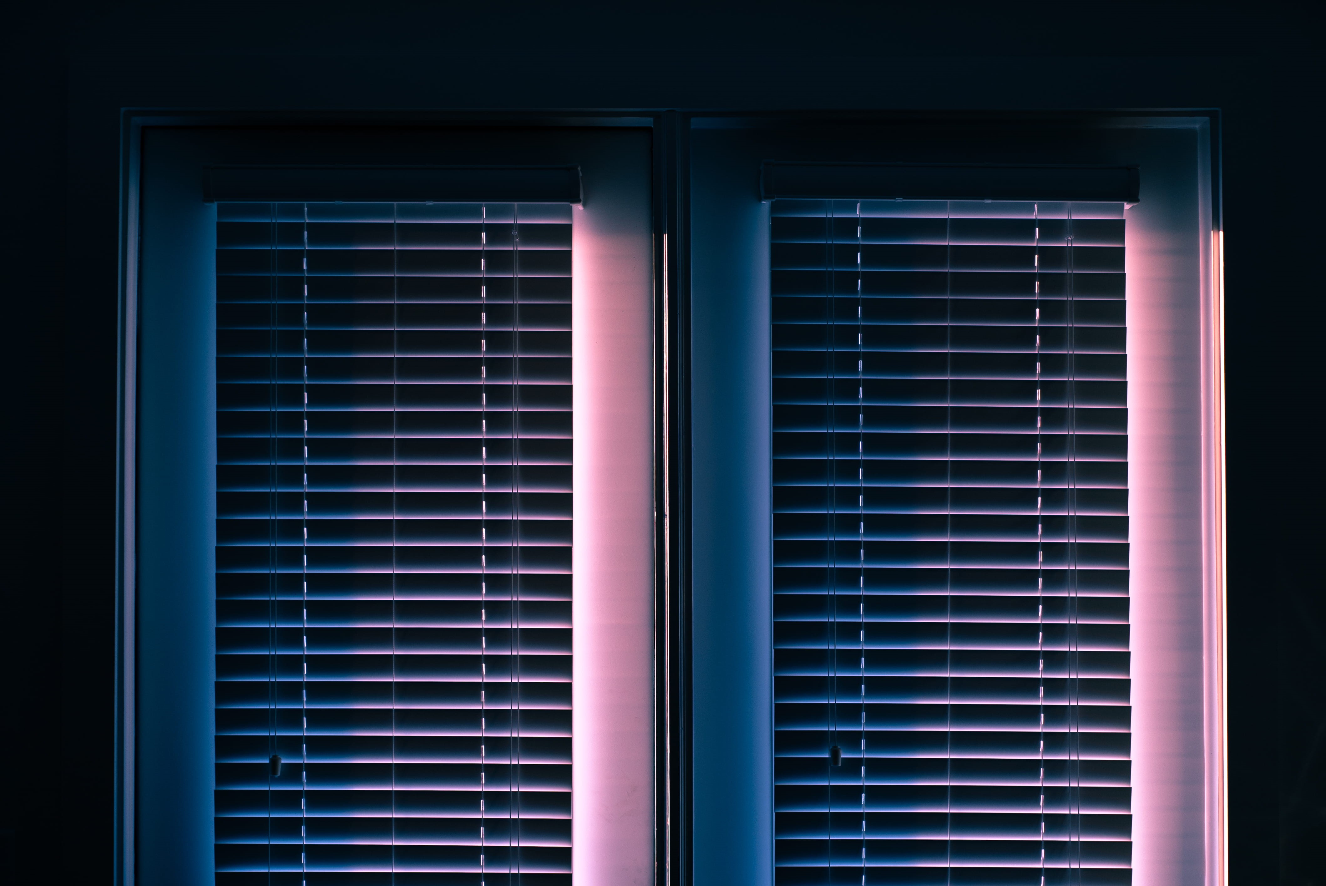 safety, love, dark, pink, full frame, blue, house, symmetry, two, abstract, closed, architecture, blinds, future, windows, glow, 4K, built structure, pink color, HD Wallpaper