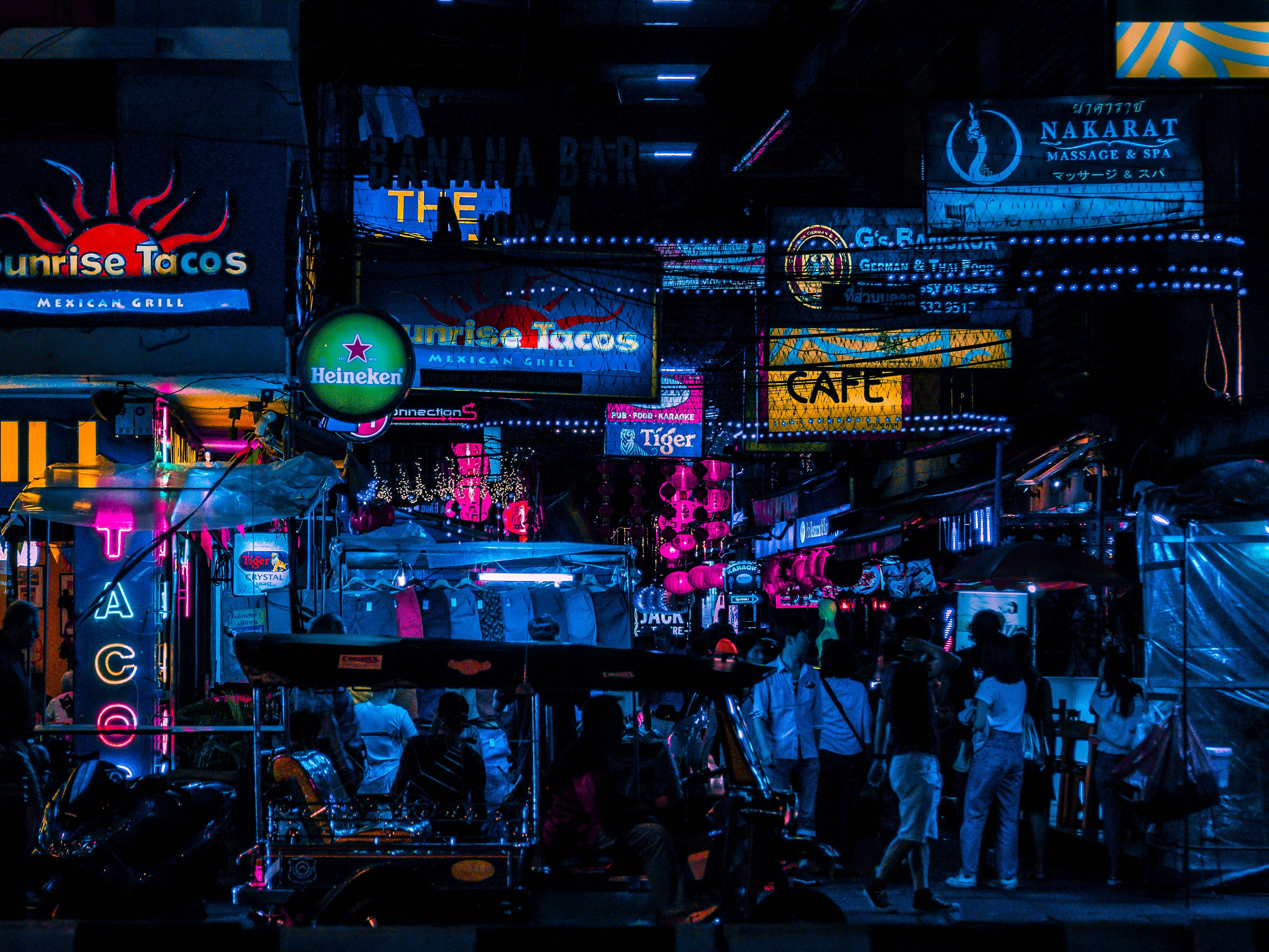 thailand, advertisement, script, real people, metropolis, building, light, multi colored, night, commercial area, non-western script, pink and blue, incidental people, HD Wallpaper