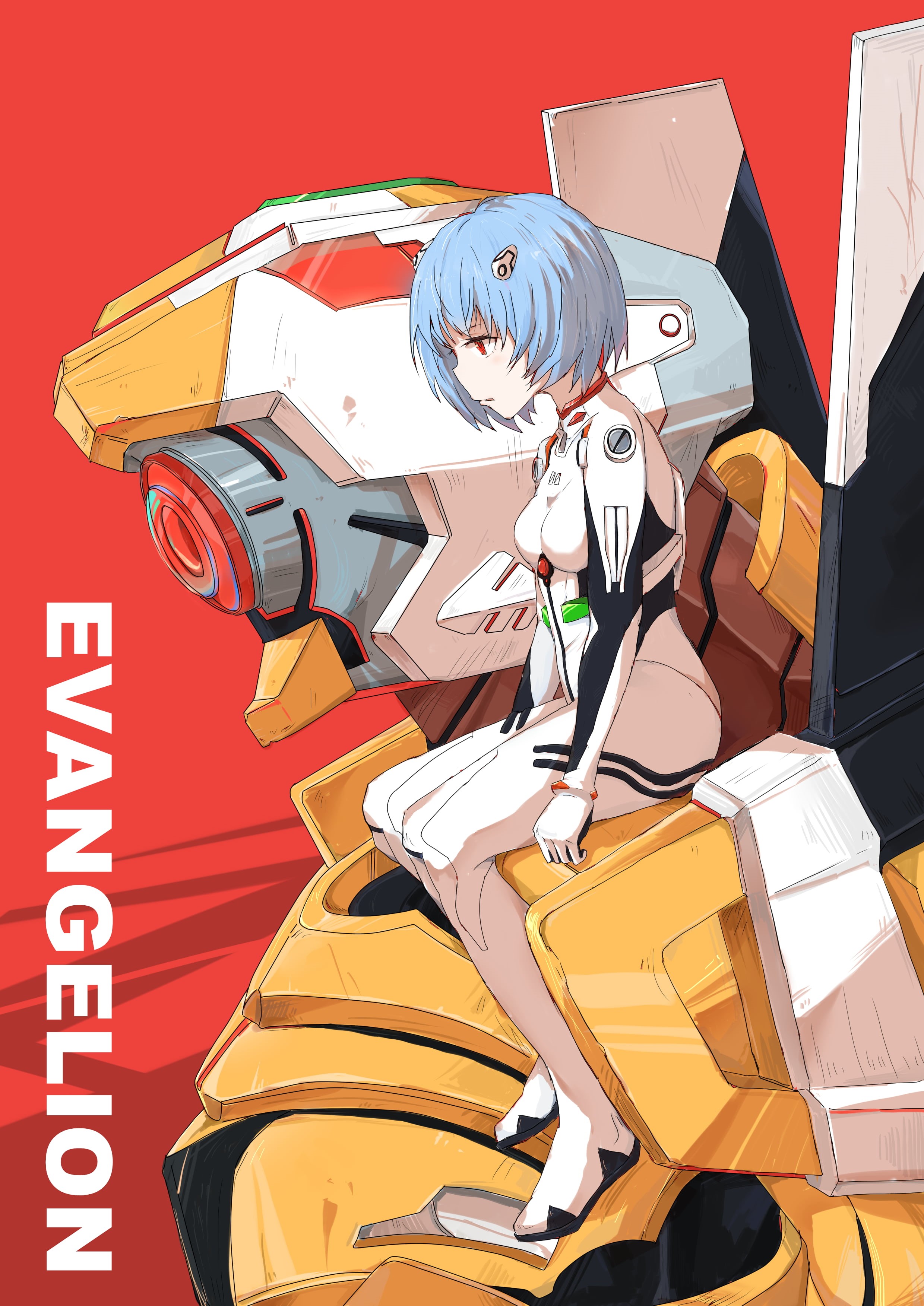 short hair, digital art, Neon Genesis Evangelion, 2K, anime girls, red eyes, Ayanami Rei, blue hair, EVA Unit 00, Phone HD Wallpaper