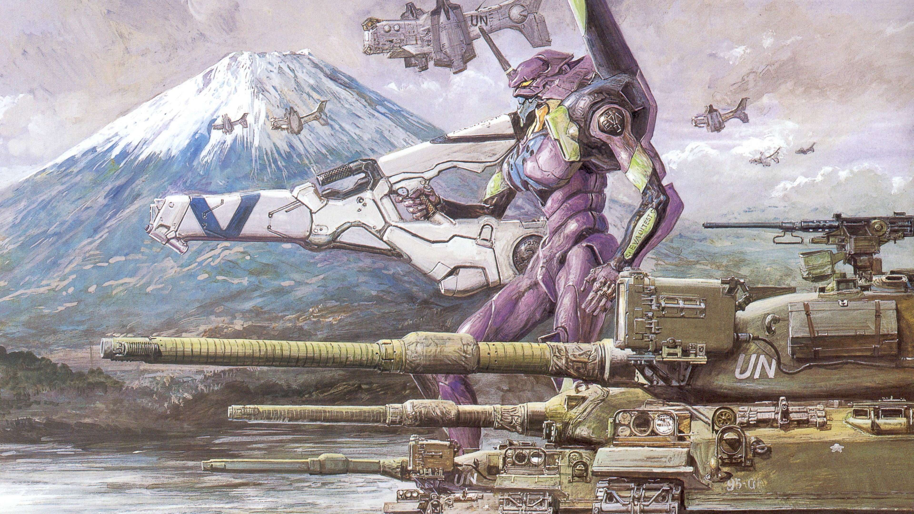 drawing, EVA Unit 01, Mount Fuji, mech, tank, 4K, Neon Genesis Evangelion, HD Wallpaper