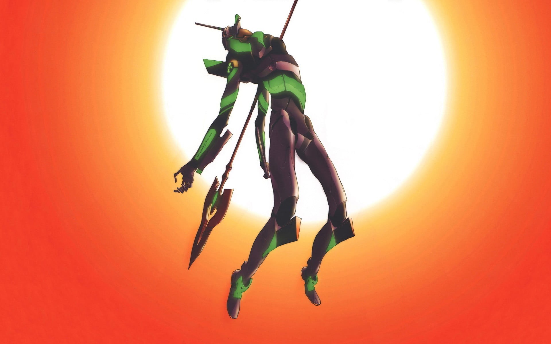 Neon Genesis Evangelion, plant, nature, full length, close-up, EVA Unit 01, studio shot, orange color, green, character, sky, colored background, 1080P, HD Wallpaper