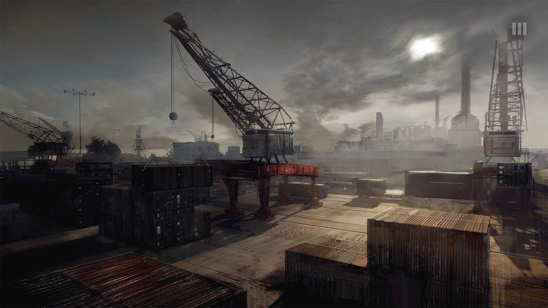 construction equipment, wooden, building exterior, cloud - sky, air pollution, chairs, crane, Mafia III, architecture, industry, pollution, development, HD Wallpaper