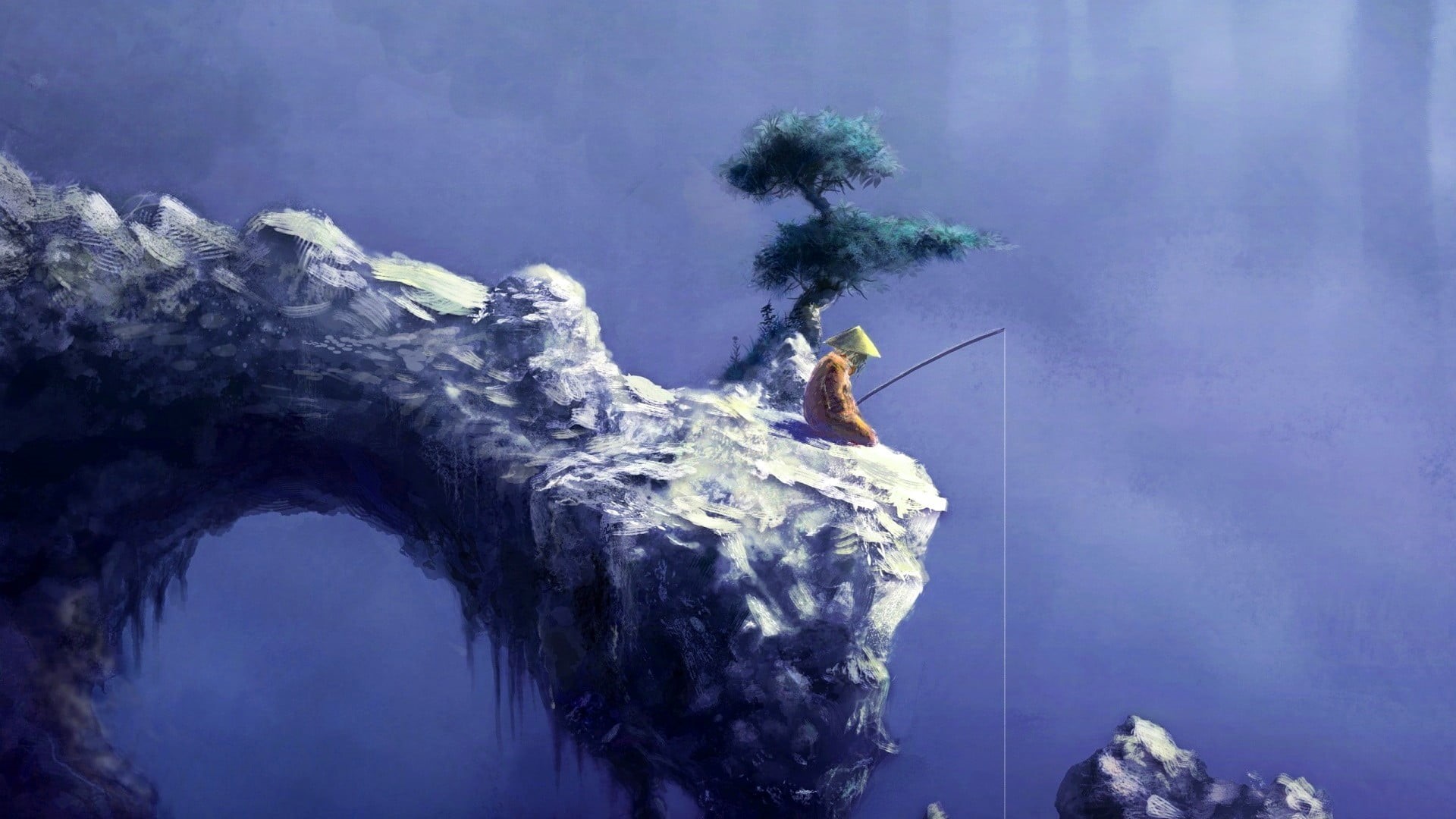 fantasy art, scenics - nature, fishing, sport, artwork, risk, solid, man, beauty in nature, Japan, one person, mountain, 1080P, adult, full length, standing, HD Wallpaper