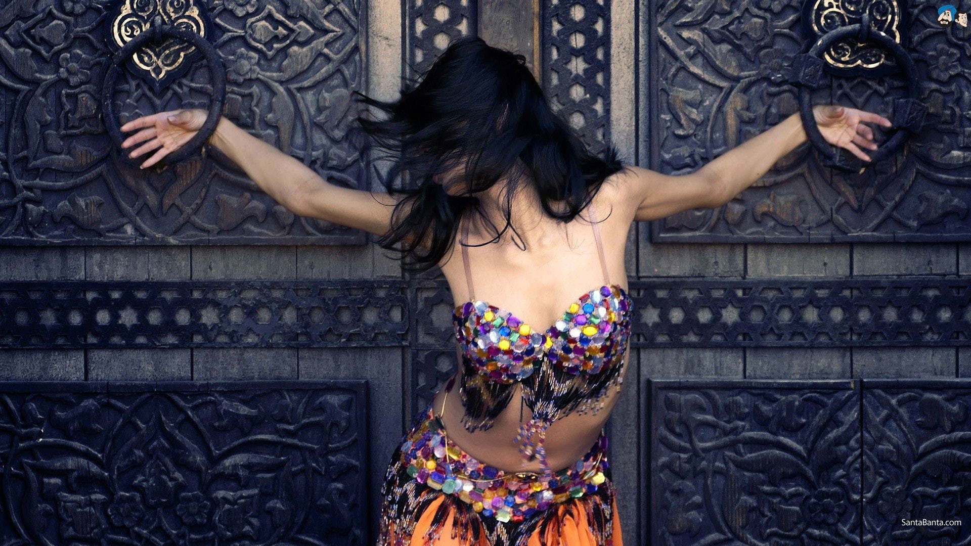 dress, arms, hair, 1080P, raised, black, belly, dancers, HD Wallpaper