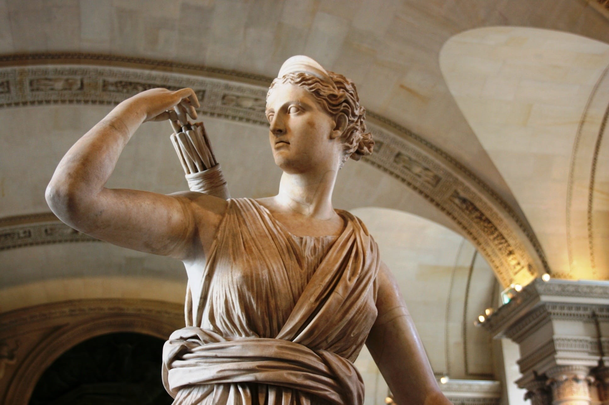 statue, low angle view, blond hair, sculpture, representation, louvre, goddess of the hunt, young adult, city, Diana, greek goddess, hunting, woman, history, HD Wallpaper
