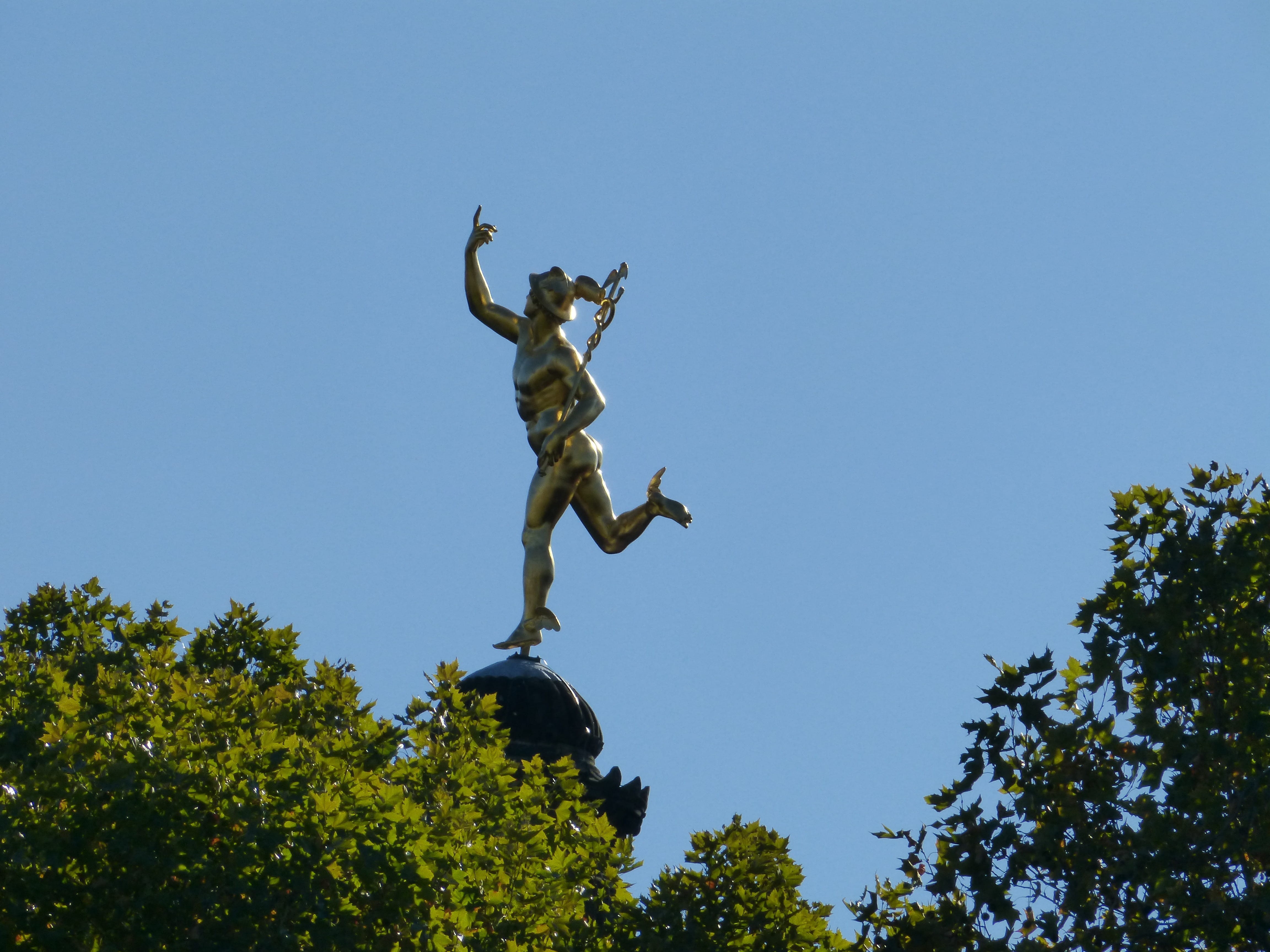 plant, god, motion, mid-air, arms raised, men, clear sky, sky, hermes, low angle view, outdoors, Copper, full length, nature, 4K, human arm, excitement, HD Wallpaper