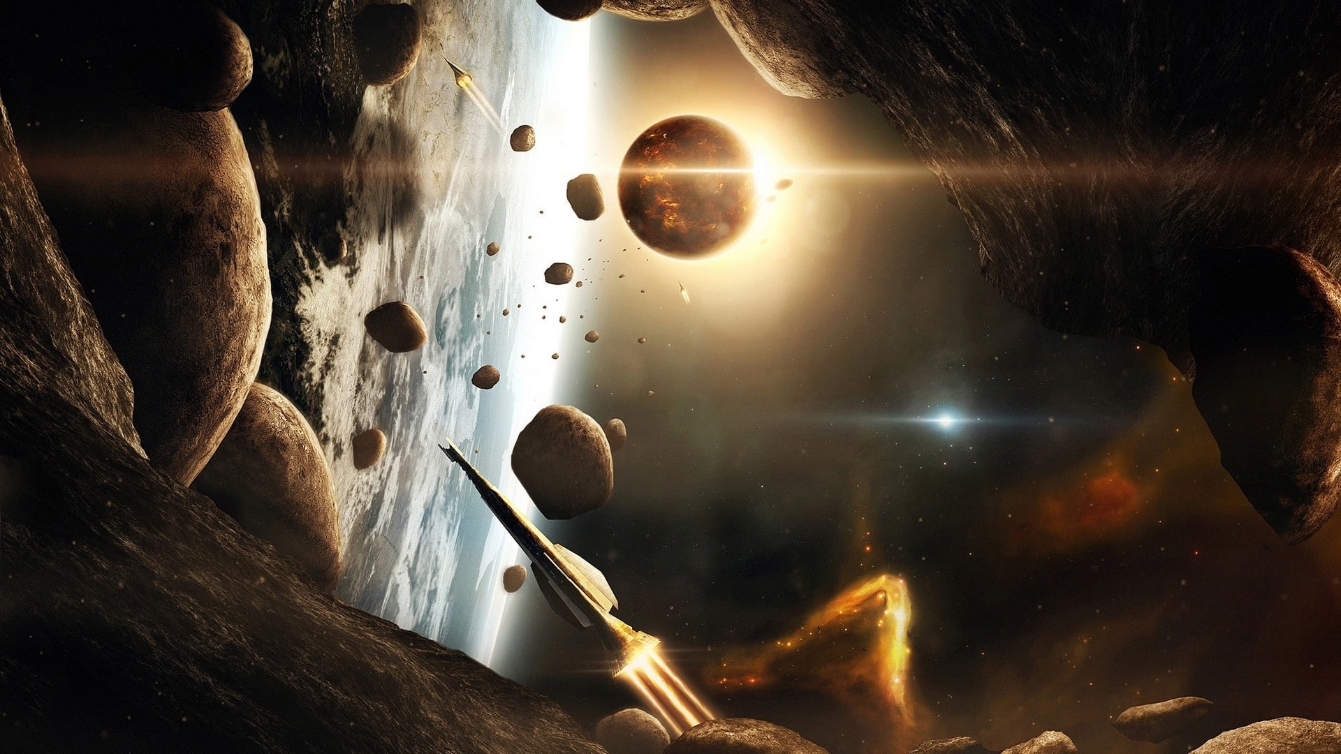 glowing, asteroid, star - space, planet, rock, astronomy, sea, scenics - nature, 1080P, no people, motion, universe, 3D, sunlight, fantasy, render, outdoors, HD Wallpaper