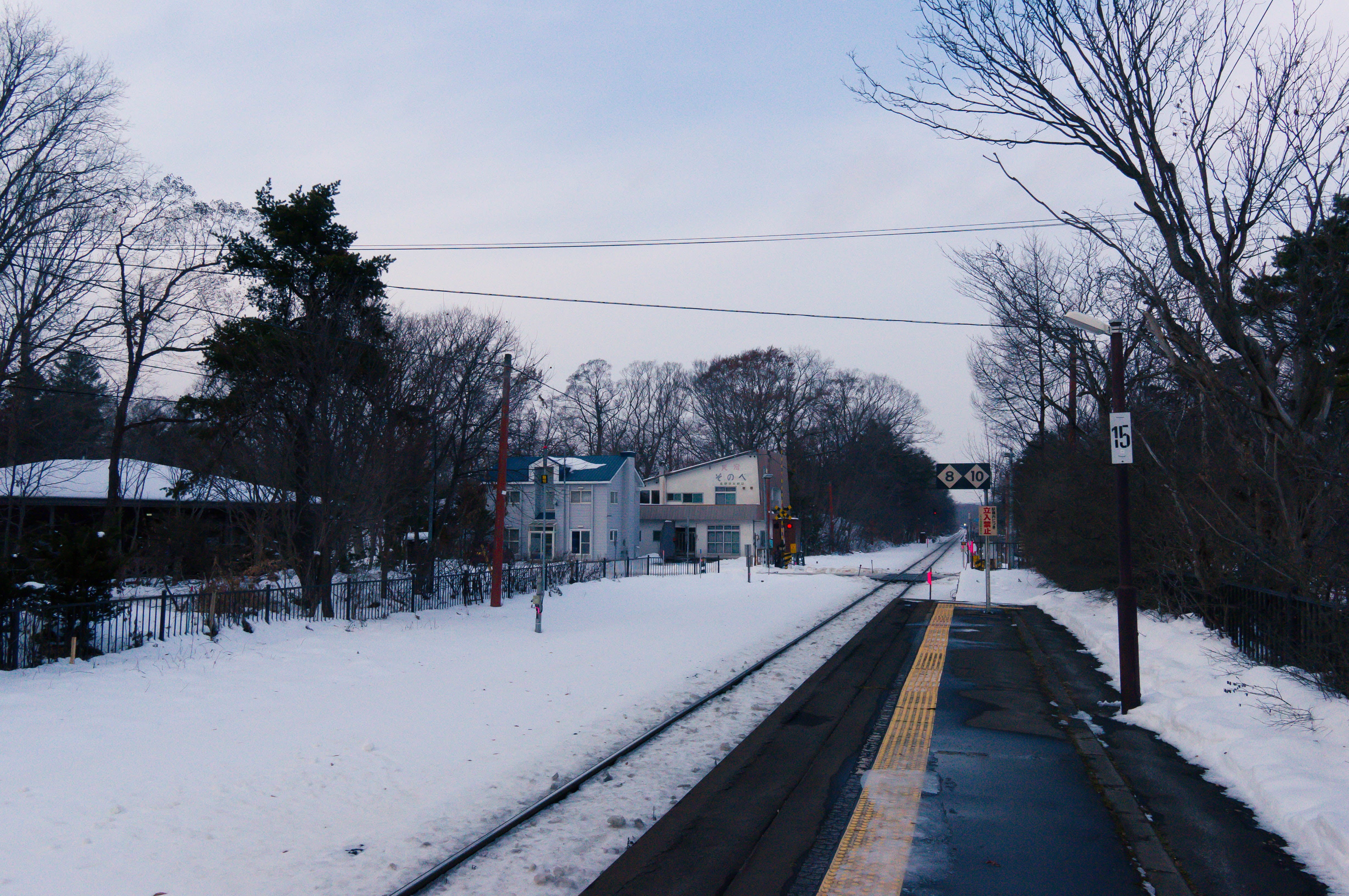 snow, covering, no people, built structure, rail transportation, building, winter, railroad track, diminishing perspective, street view, plant, brown, Japan, HD Wallpaper