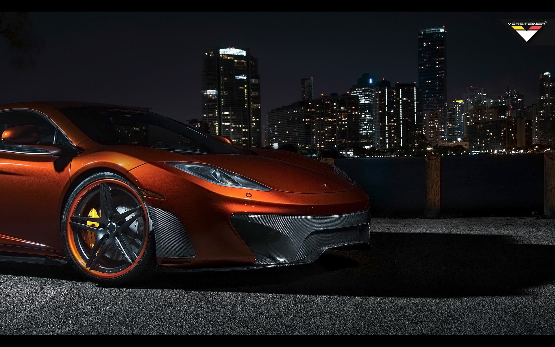 outdoors, illuminated, McLaren MP4-12C, transportation, building exterior, mode of transportation, street, modern, no people, 1080P, architecture, skyscraper, HD Wallpaper