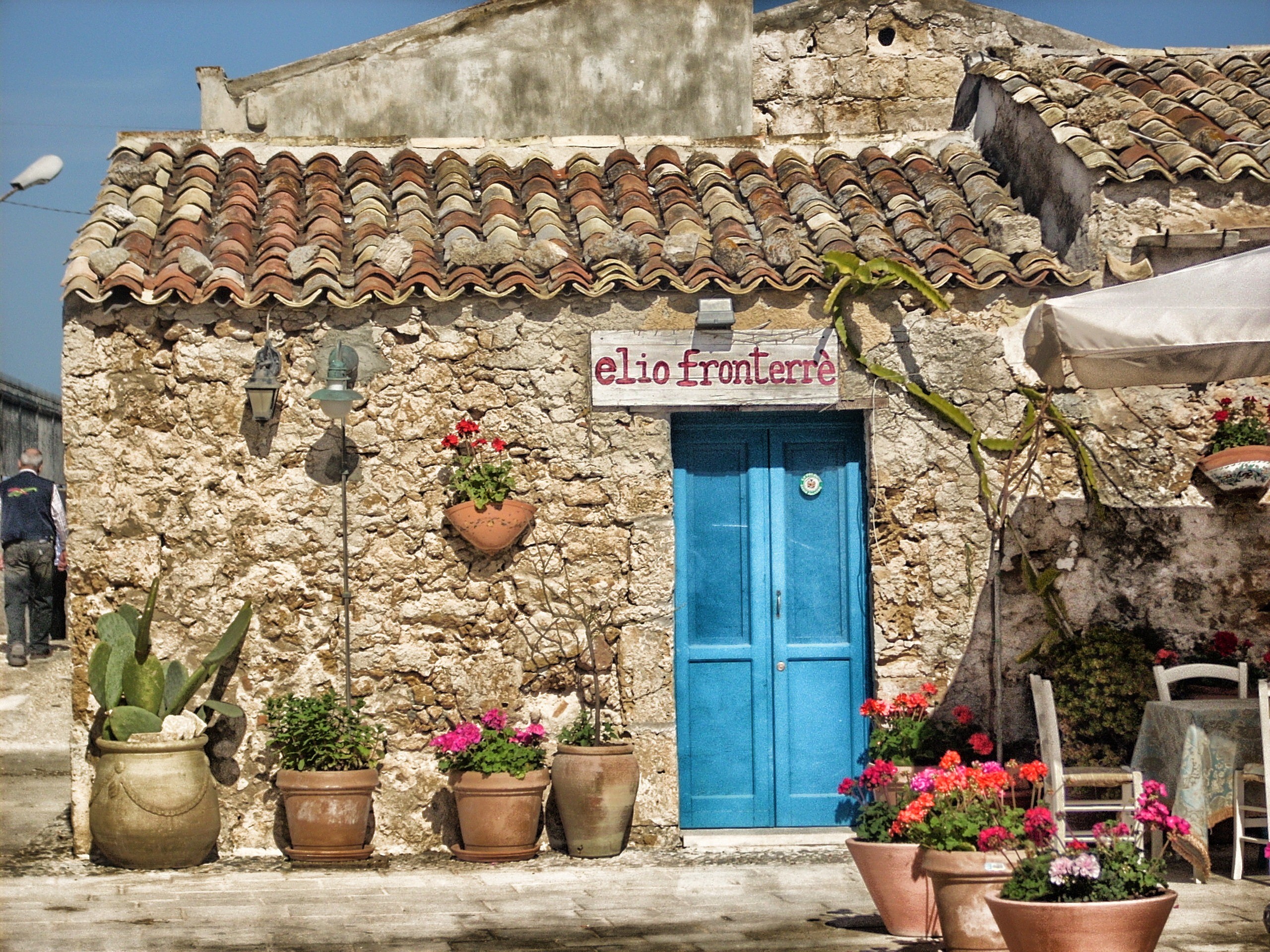 script, day, growth, flower Pot, building exterior, non-western script, sign, flowers, 2K, shop, old, elio, village, business, flowering plant, nature, HD Wallpaper