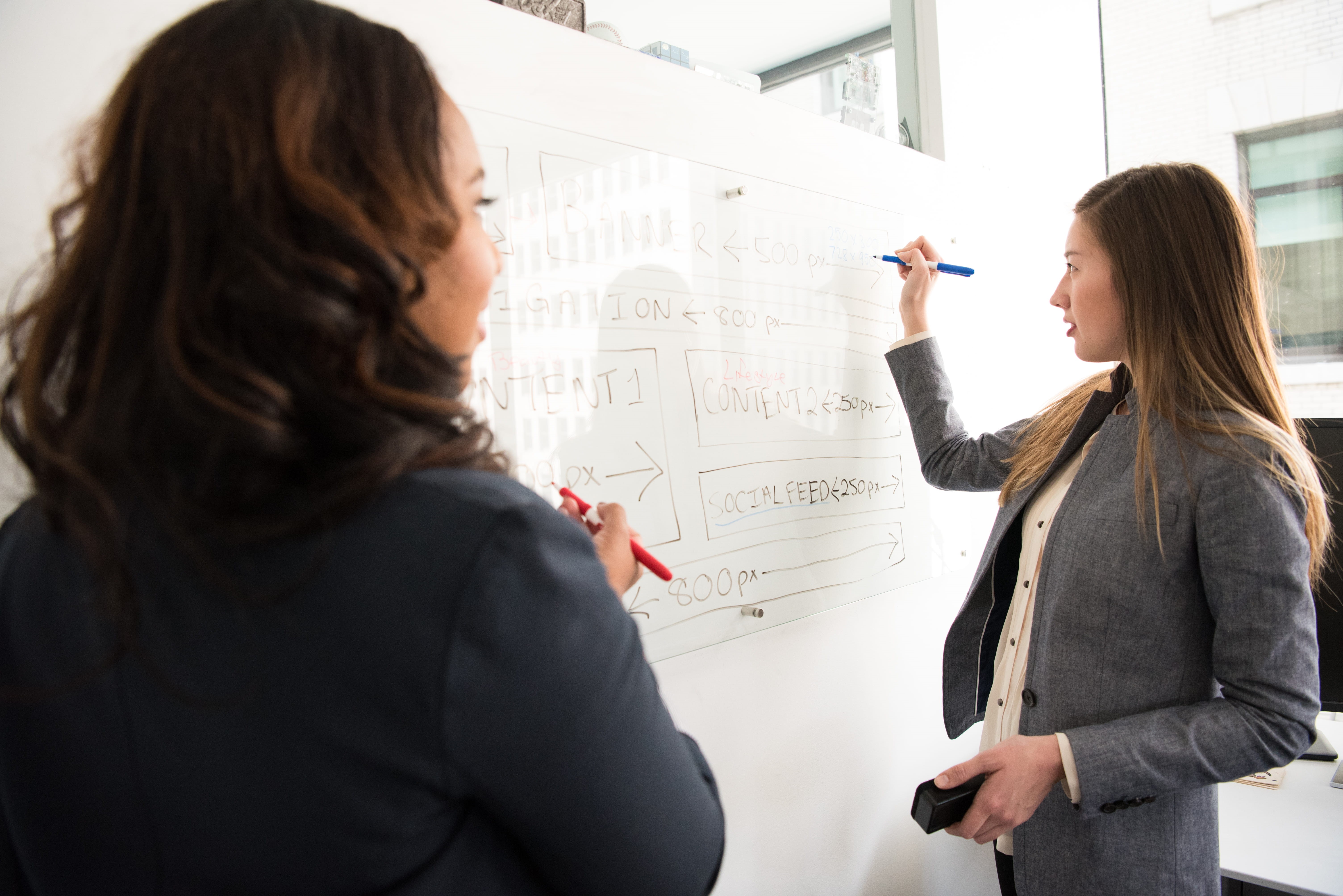 new business, women, ladies, indoors, young women, strategy, business strategy, 5K, standing, whiteboard, adult, colleagues, planning, rectangular, room, HD Wallpaper
