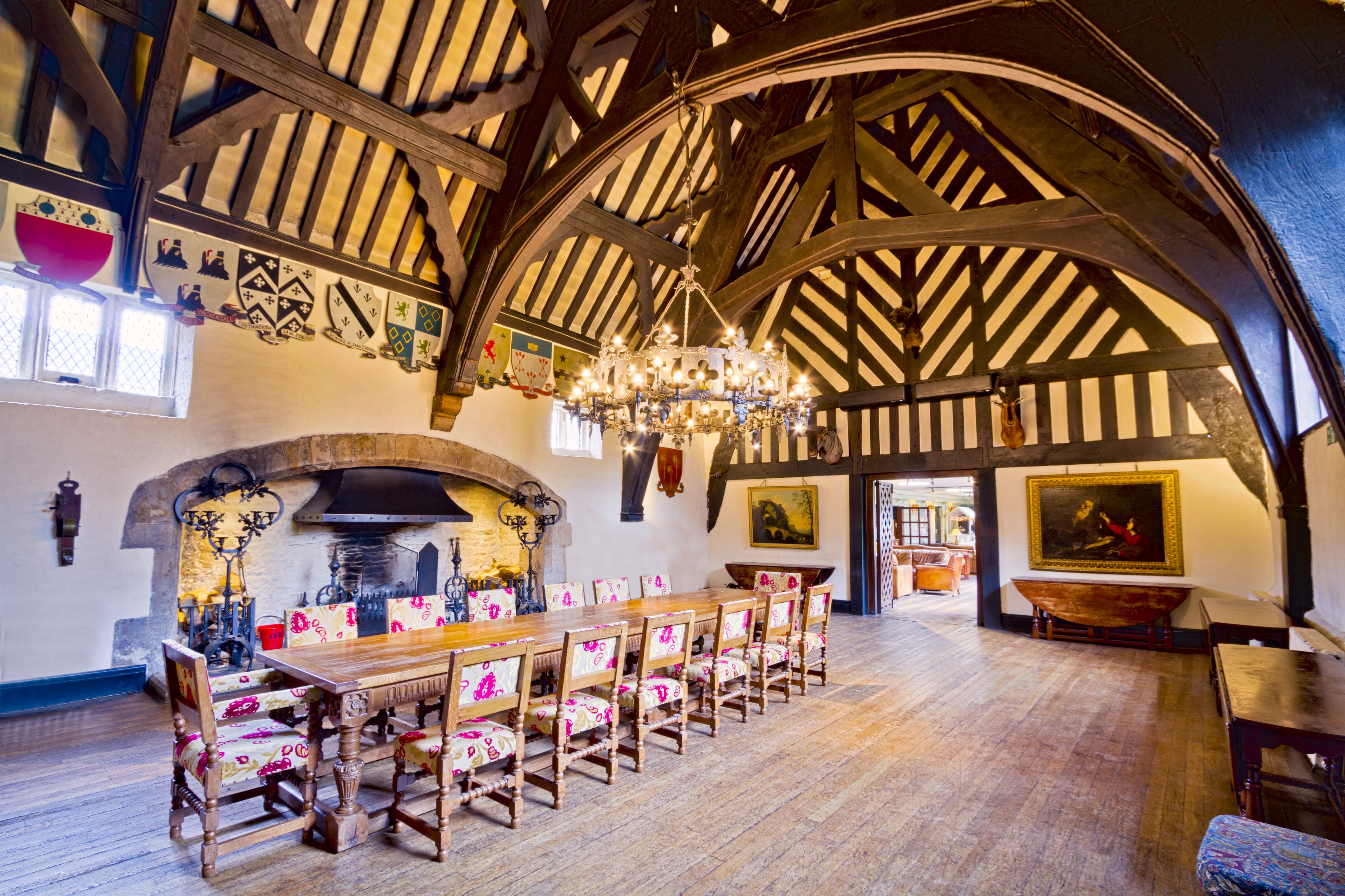 interior design, furniture, 5k, window, building, arch, architecture, no people, ballroom, lamp, dining table, dining room, 4k, samlesbury, built structure, HD Wallpaper