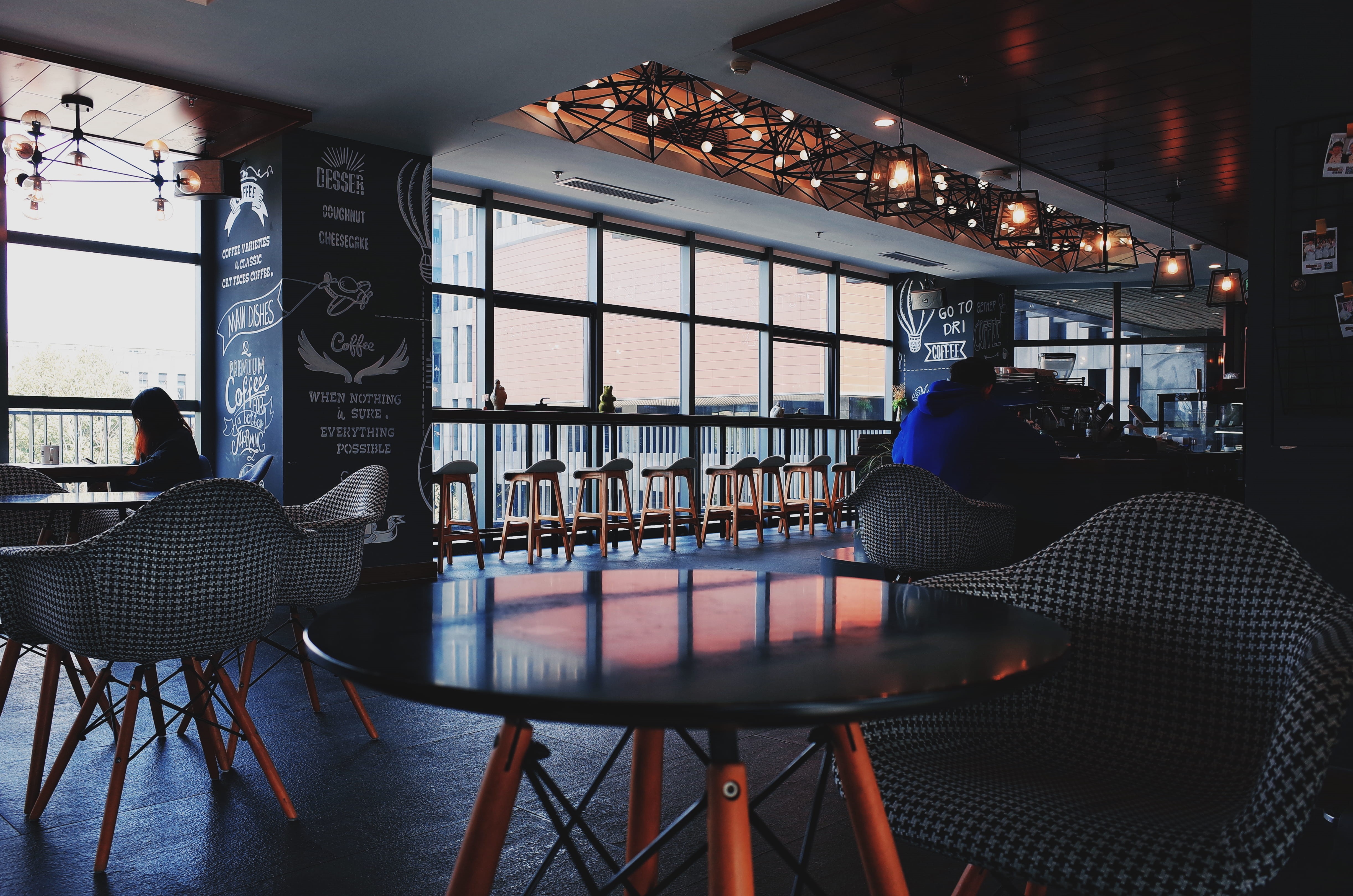 indoors, ceiling, 4K, restaurant, cafeteria, person, transparent, table, illuminated, no people, lighting equipment, wood, interior design, empty, dining table, HD Wallpaper