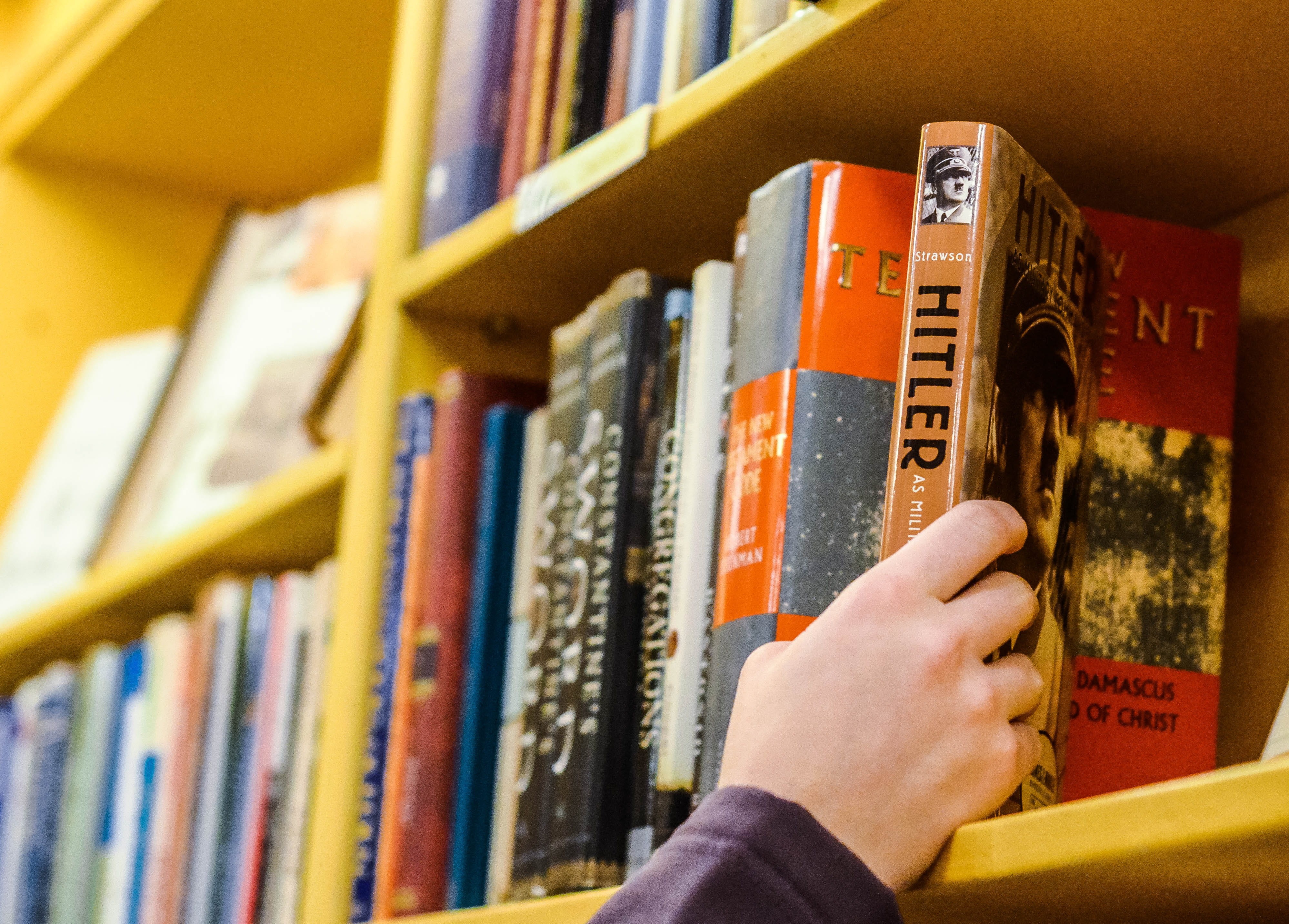 world history, activity, human body part, furniture, indoors, person, history, studying, book, bookstore, education, shelf, world war two, hand, holding, HD Wallpaper