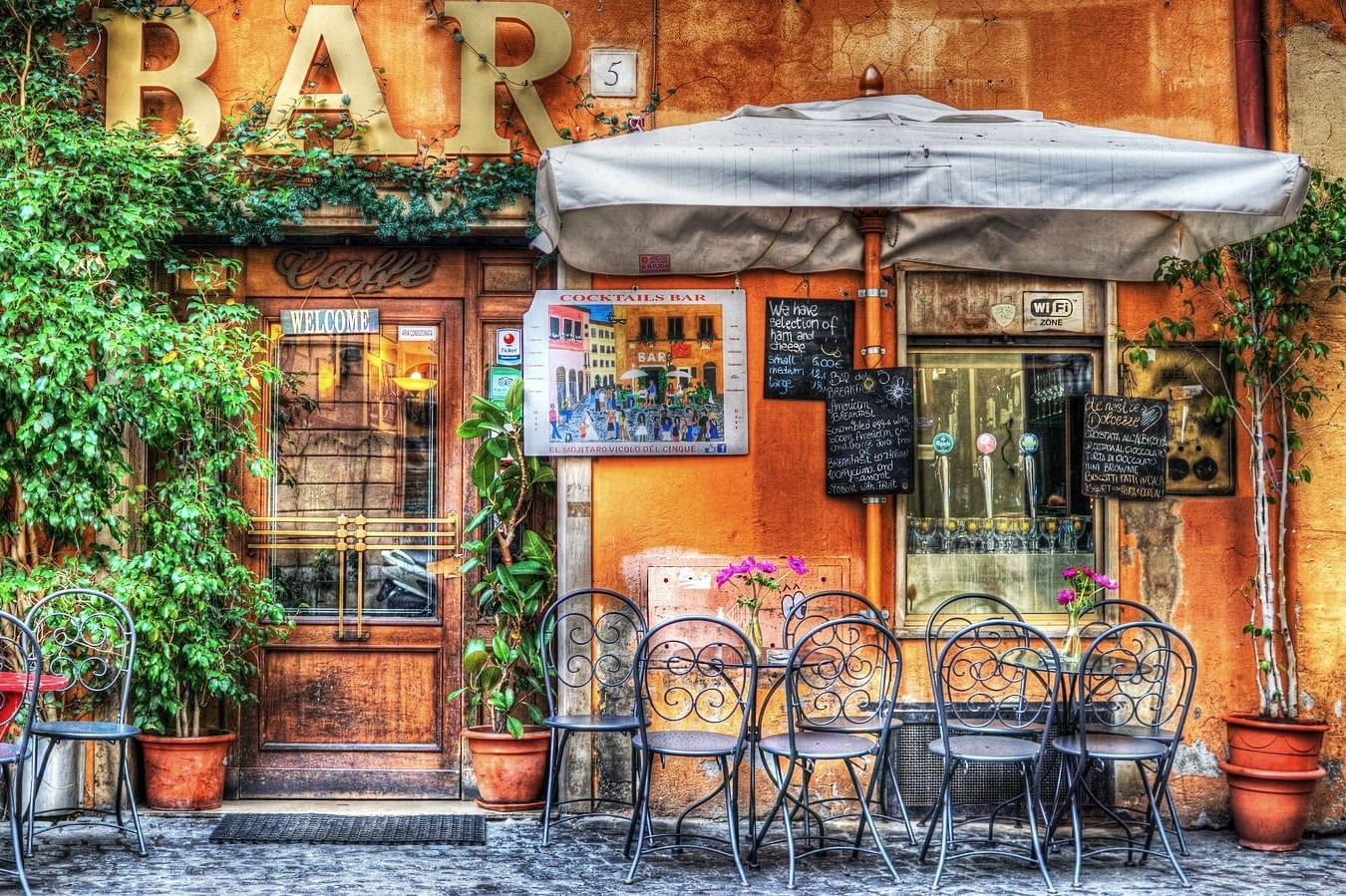 architecture, door, wrought, business, day, posters, potted plant, patio, multi colored, flower vase, window, metal, table, armless, city, no people, nature, HD Wallpaper