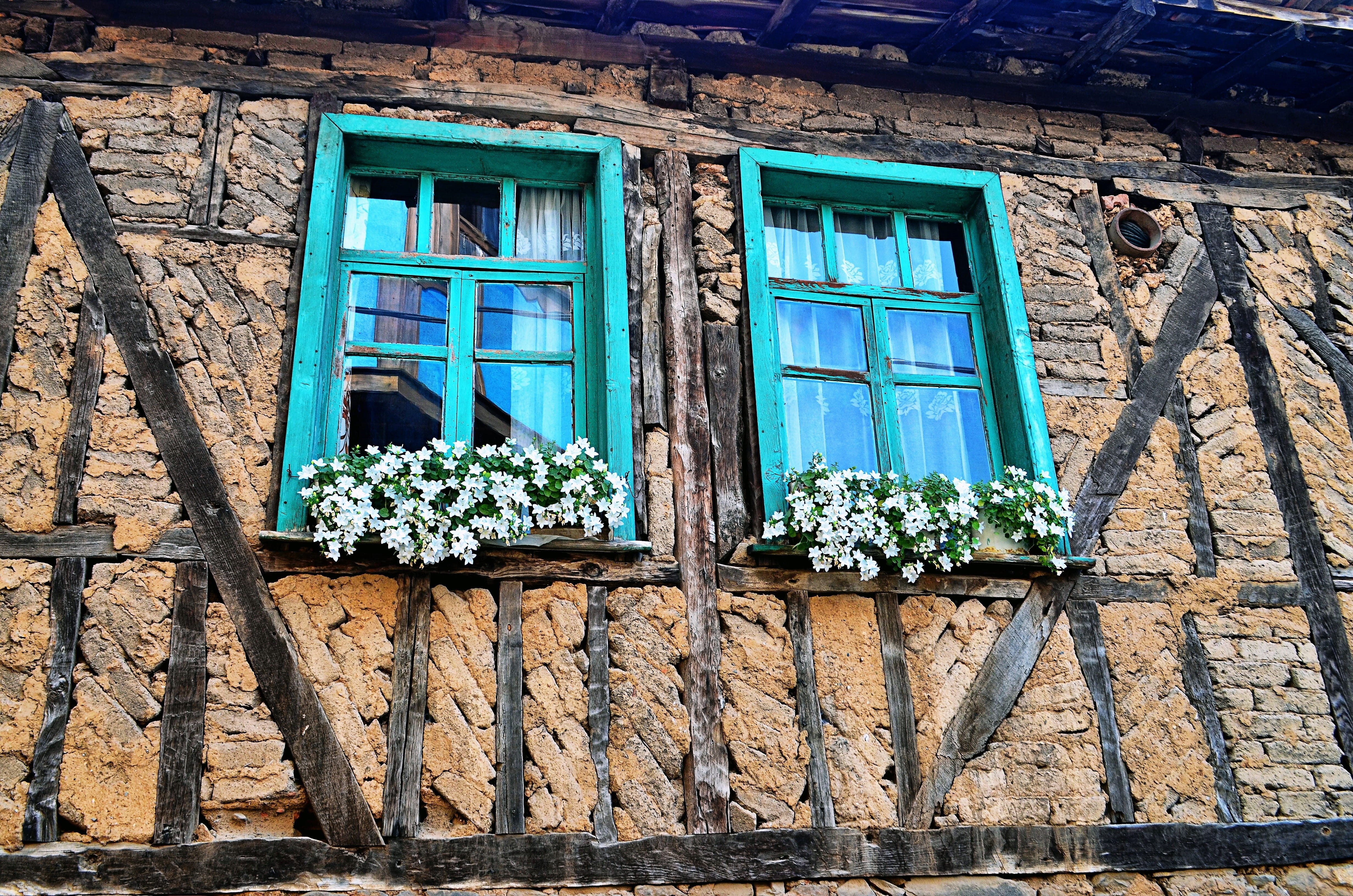 old wall, stone wall, travel, day, bricked, 4K, flower, plant, window box, wood - Material, turquoise colored, buildings, nature, on, green color, background, HD Wallpaper