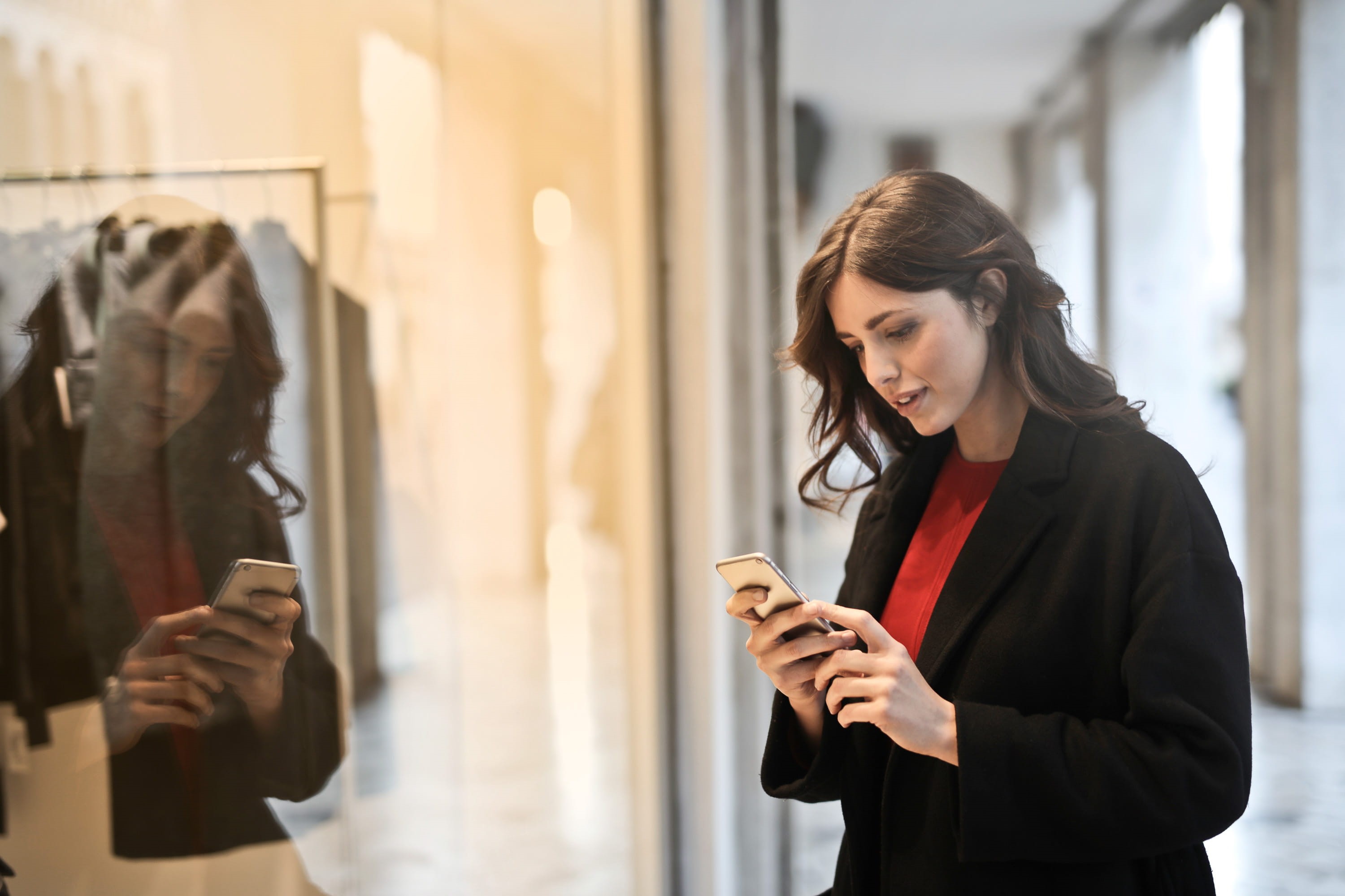communication, buy, city, mobile, hairstyle, activity, standing, smart phone, window shopping, mall, technology, looking, holding, select, store, young, HD Wallpaper