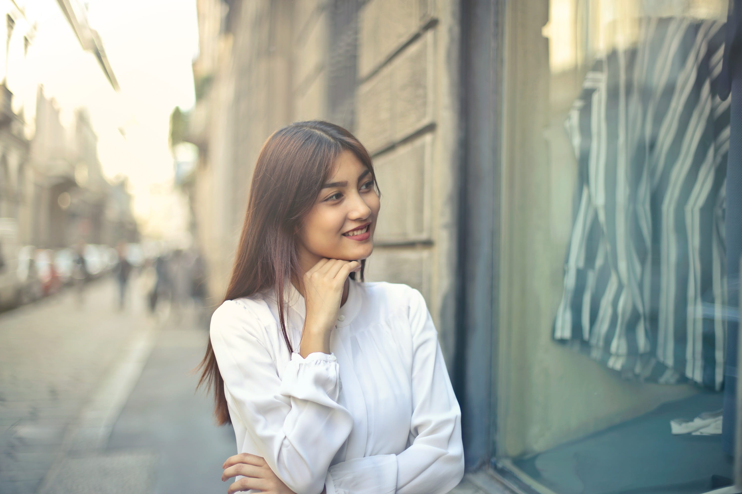 window, hair, looking, emotion, white, glass, Market, smile, buy, shirt, city, waist up, Outdoors, View, look, one person, outside, clothes, woman, contemplation, HD Wallpaper