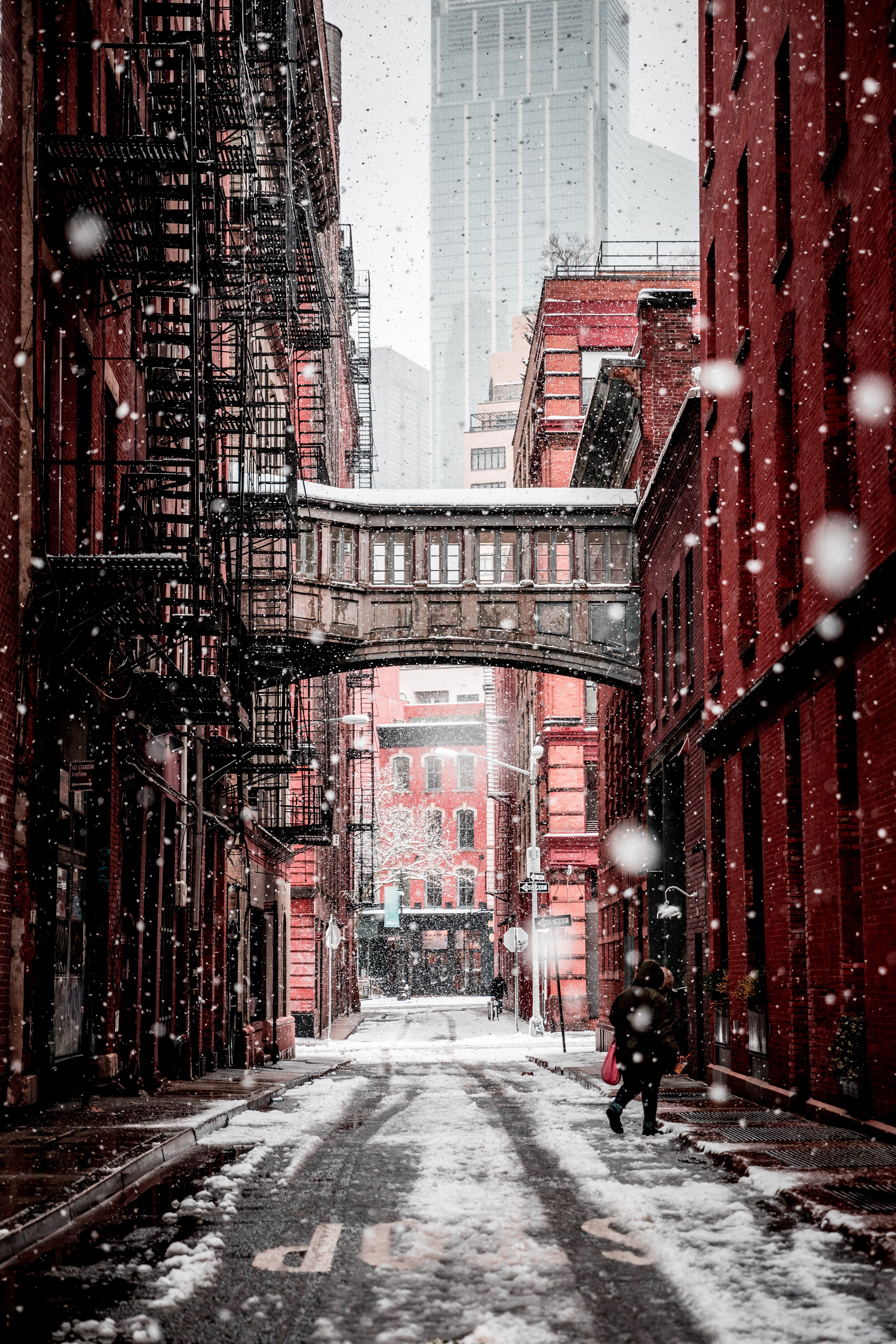 winter, incidental people, urban, outdoors, cold, direction, residential district, building exterior, building, white, real people, diminishing perspective, Phone HD Wallpaper