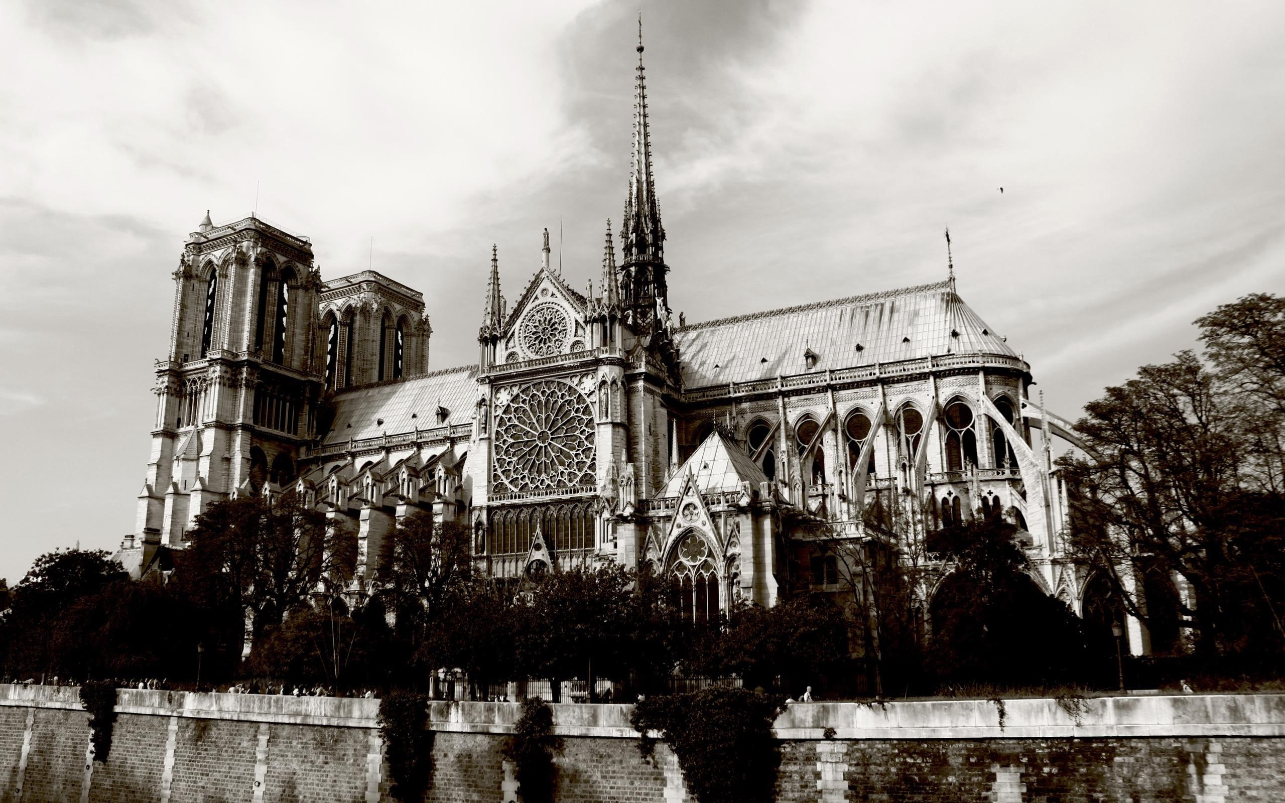 de, france, notre, black and white, medieval, monuments, 2K, architecture, beautiful, dame, notre dame de paris, paris, HD Wallpaper