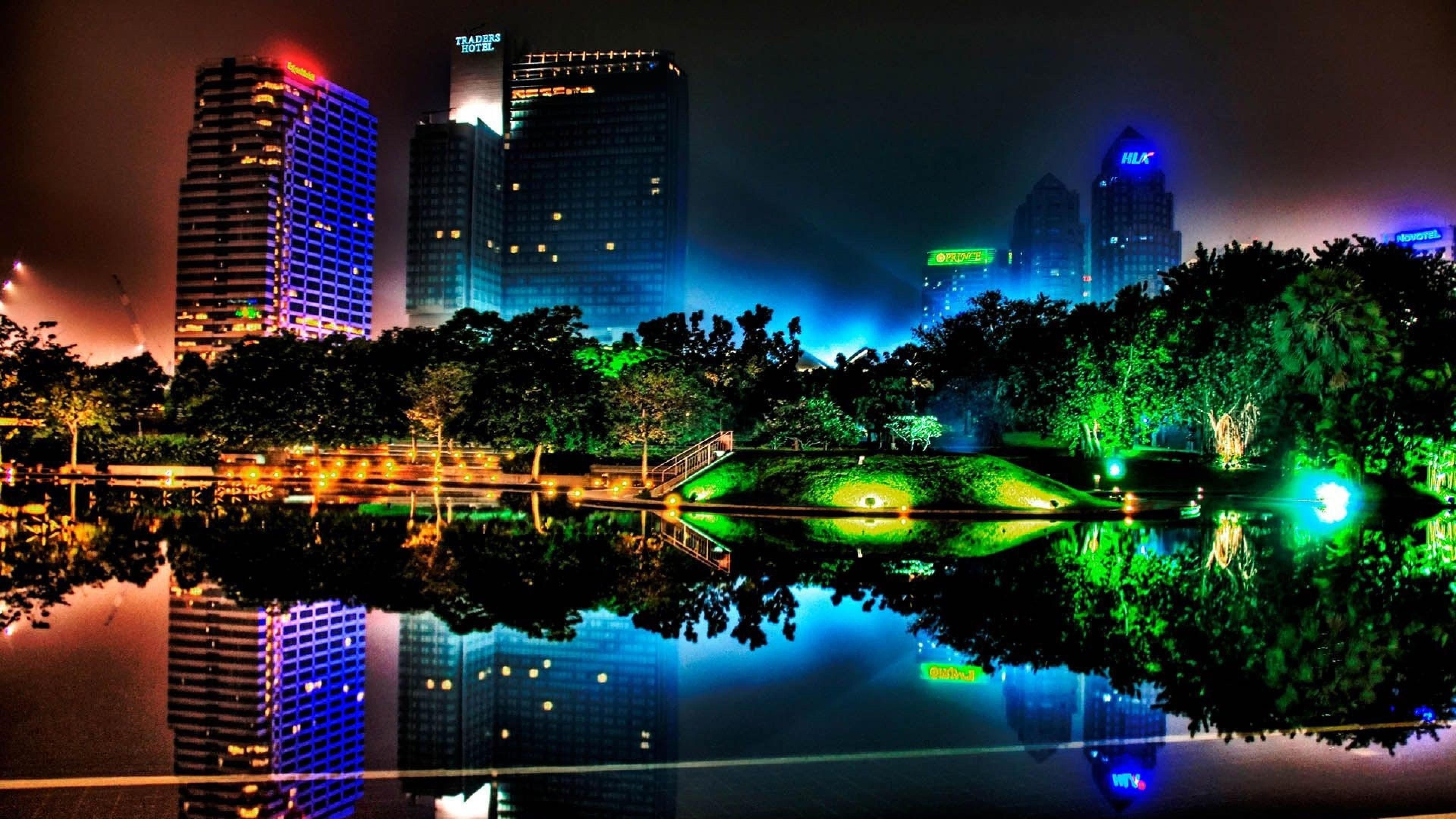 united states, new york city, night, lake, skyscrapers, night city, 4K, reflected, city lights, HD Wallpaper