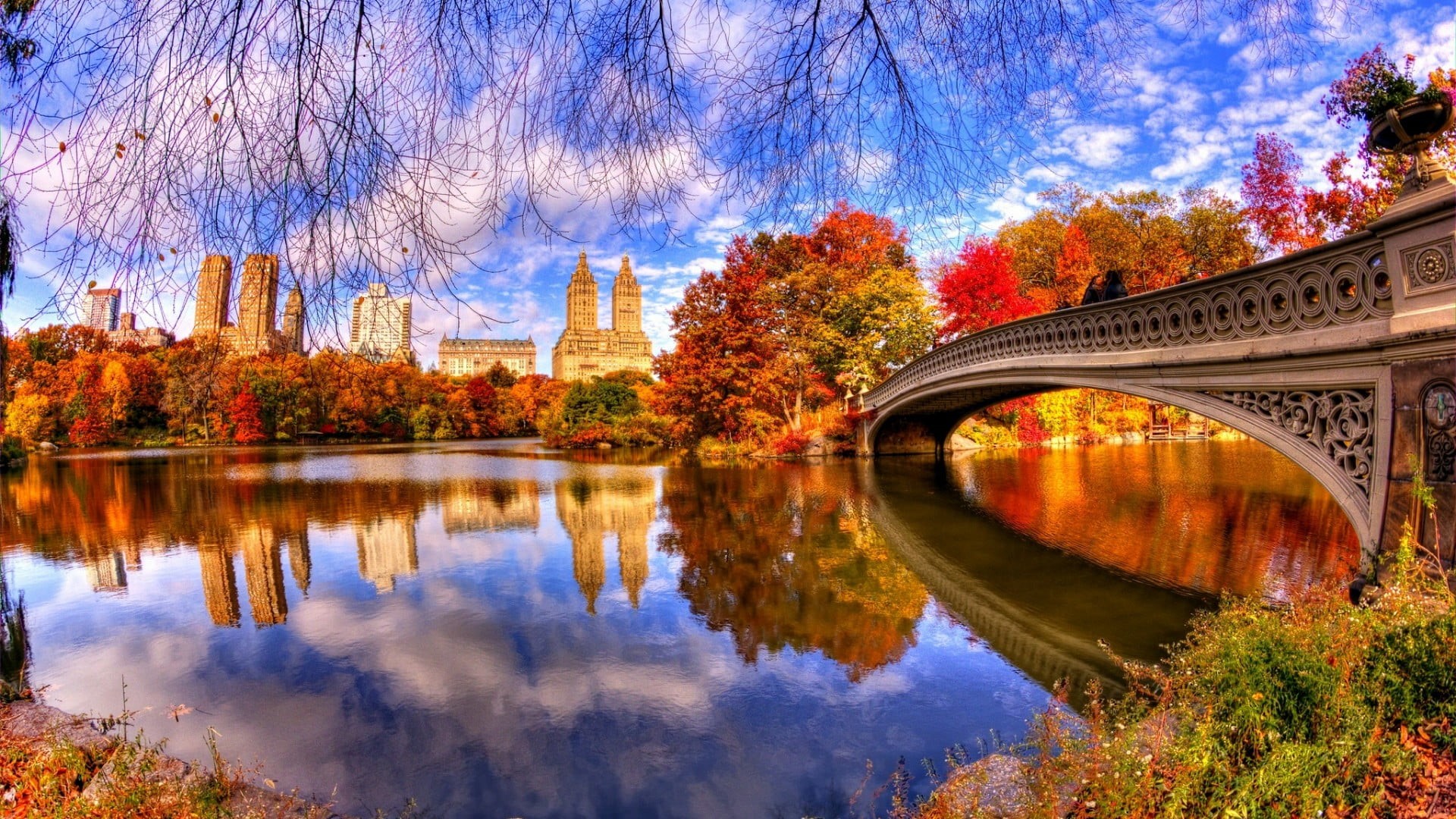 landmark, waterfront, connection, change, sky, central park, no people, united states, autumn collection, waterway, bridge - man made structure, orange color, HD Wallpaper
