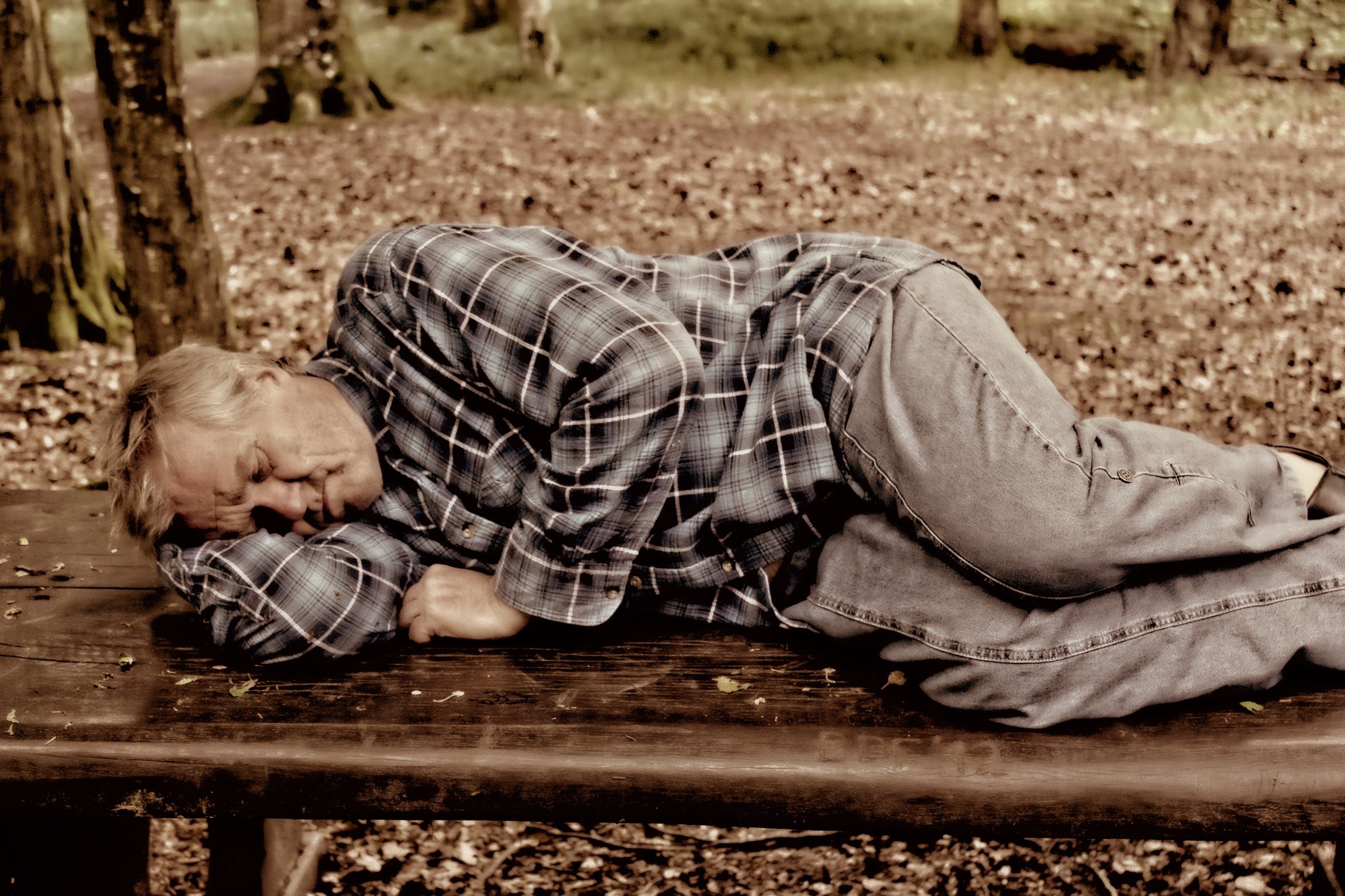 casual clothing, day, lifestyles, bench, lying down, human, men, brown, 1080P, tired, face, hopelessness, park bench, people, black, man, one Person, social issues, HD Wallpaper