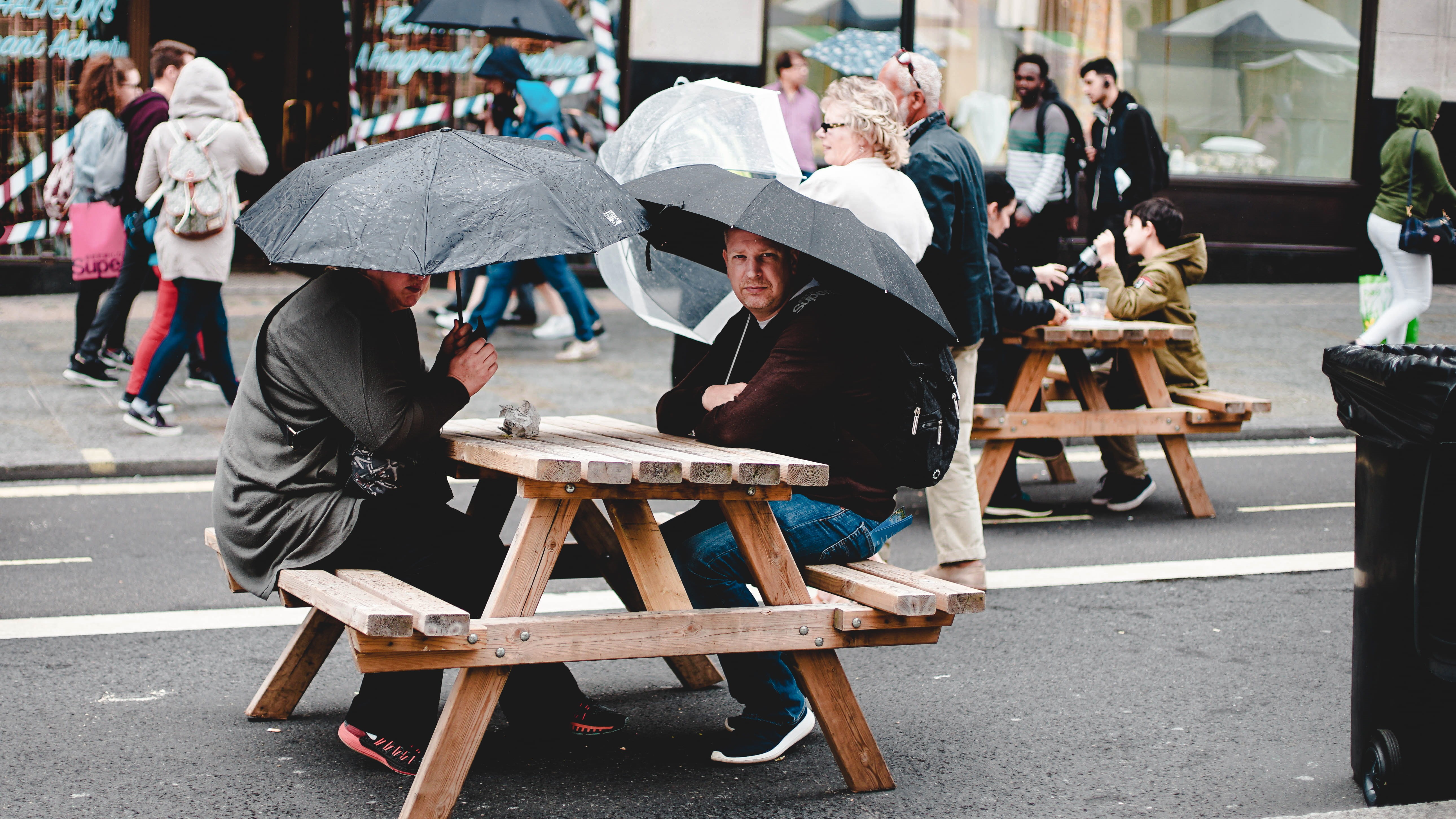 group of people, seating, table, store, umbrellas, male, seat, sidewalk, person, 5K, sitting, day, picnic, architecture, using, leisure activity, shop, HD Wallpaper