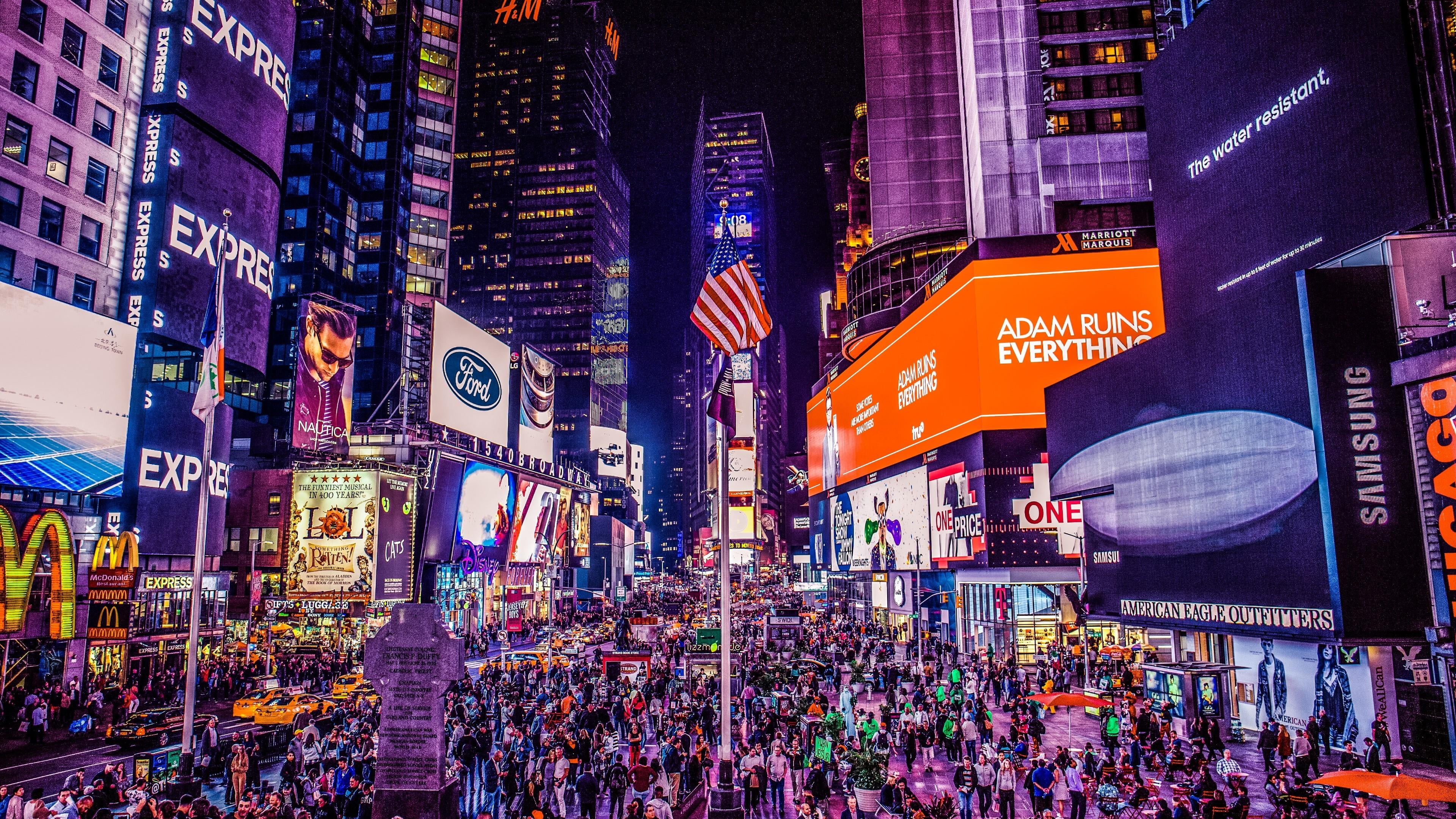 night, street, communication, illuminated, modern, text, nightlife, crowd, real people, advertisement, commercial sign, city life, united states, metropolis, HD Wallpaper