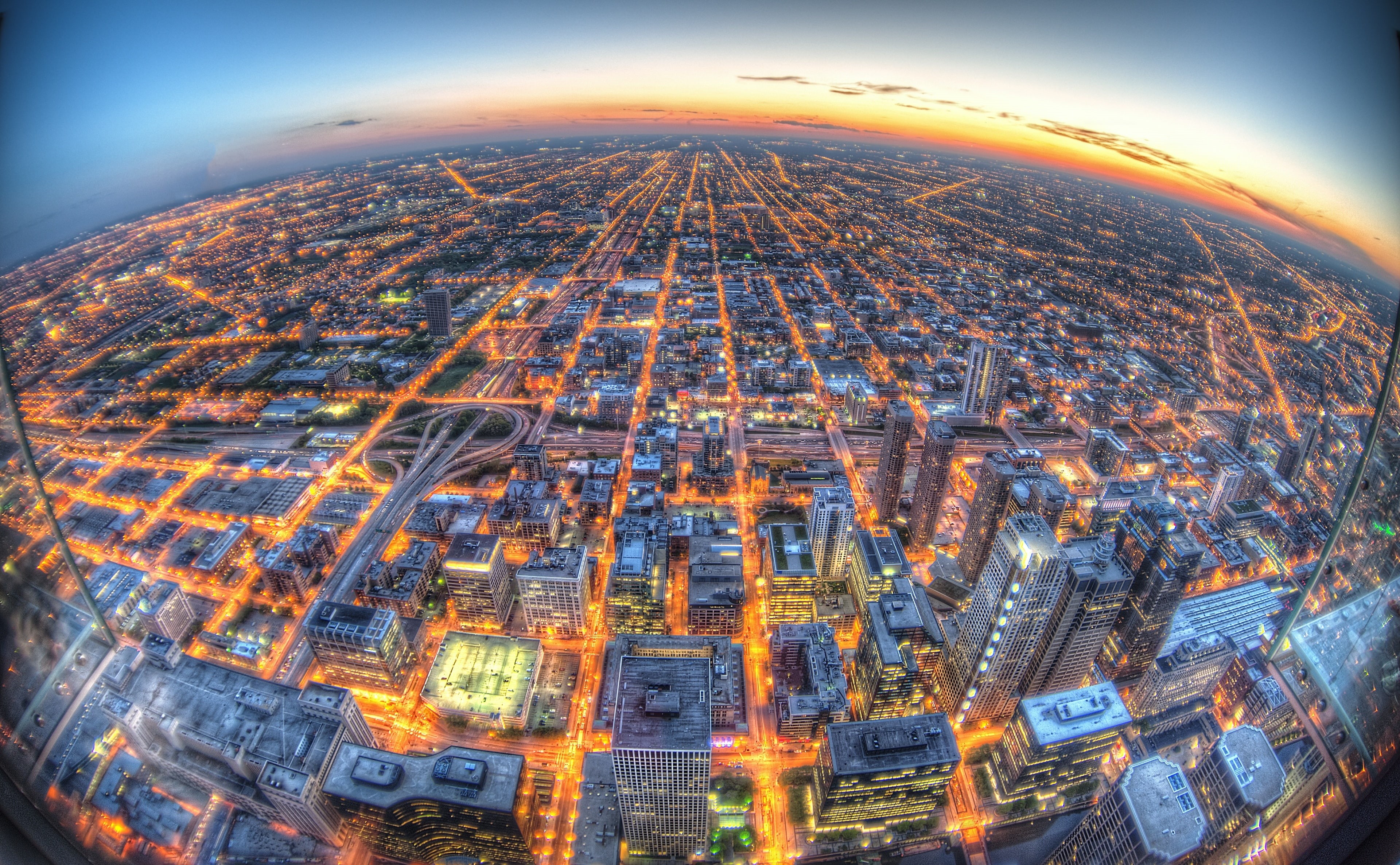 skyscraper, Dusk, Chicago, 4K, gotham, no people, aerial view, Skyscrapers, sky, aerial, built structure, view, travel destinations, digital composite, HD Wallpaper