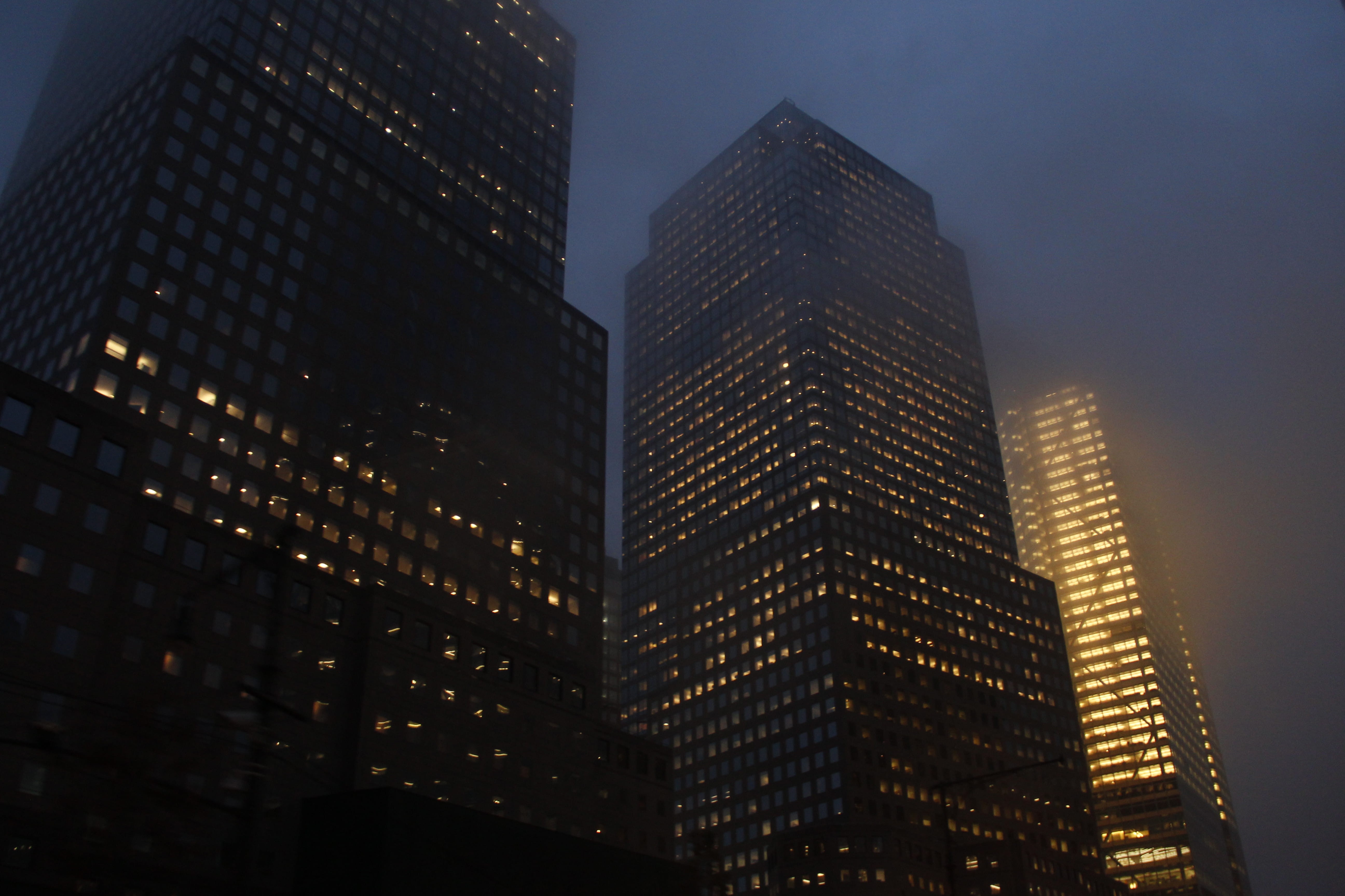 night, architecture, newyork, lights, city, sky, evening, modern, tall - high, 5K, spooky, cloud, gloomy, nature, wall street, office, rain, low angle view, HD Wallpaper