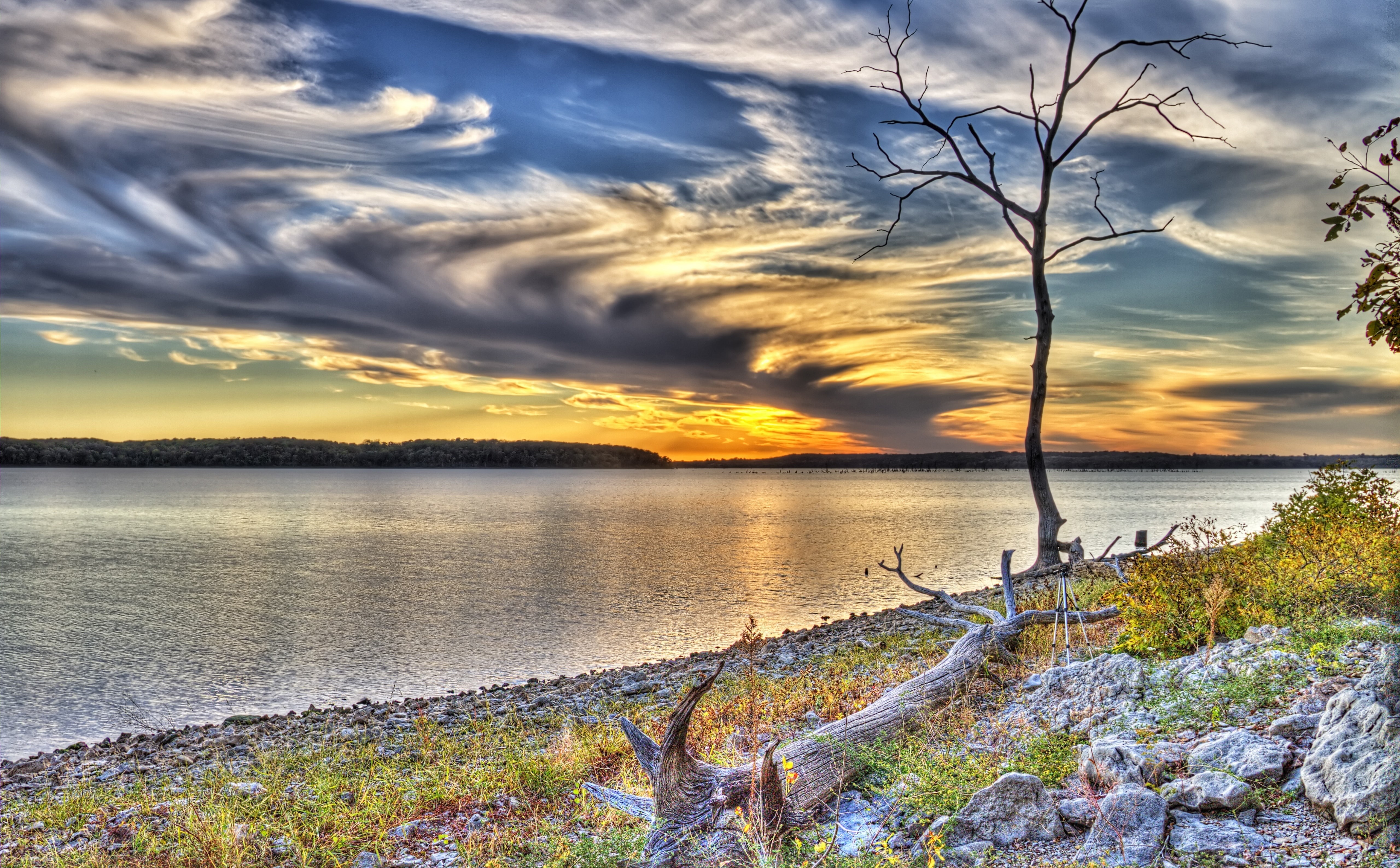 Scenery, no people, 5K, plant, cloud - sky, Kansas, tranquility, Lake, sky, water, Bank, orange color, Scene, outdoors, beach, body, tripod, Sunset, Nature, HD Wallpaper