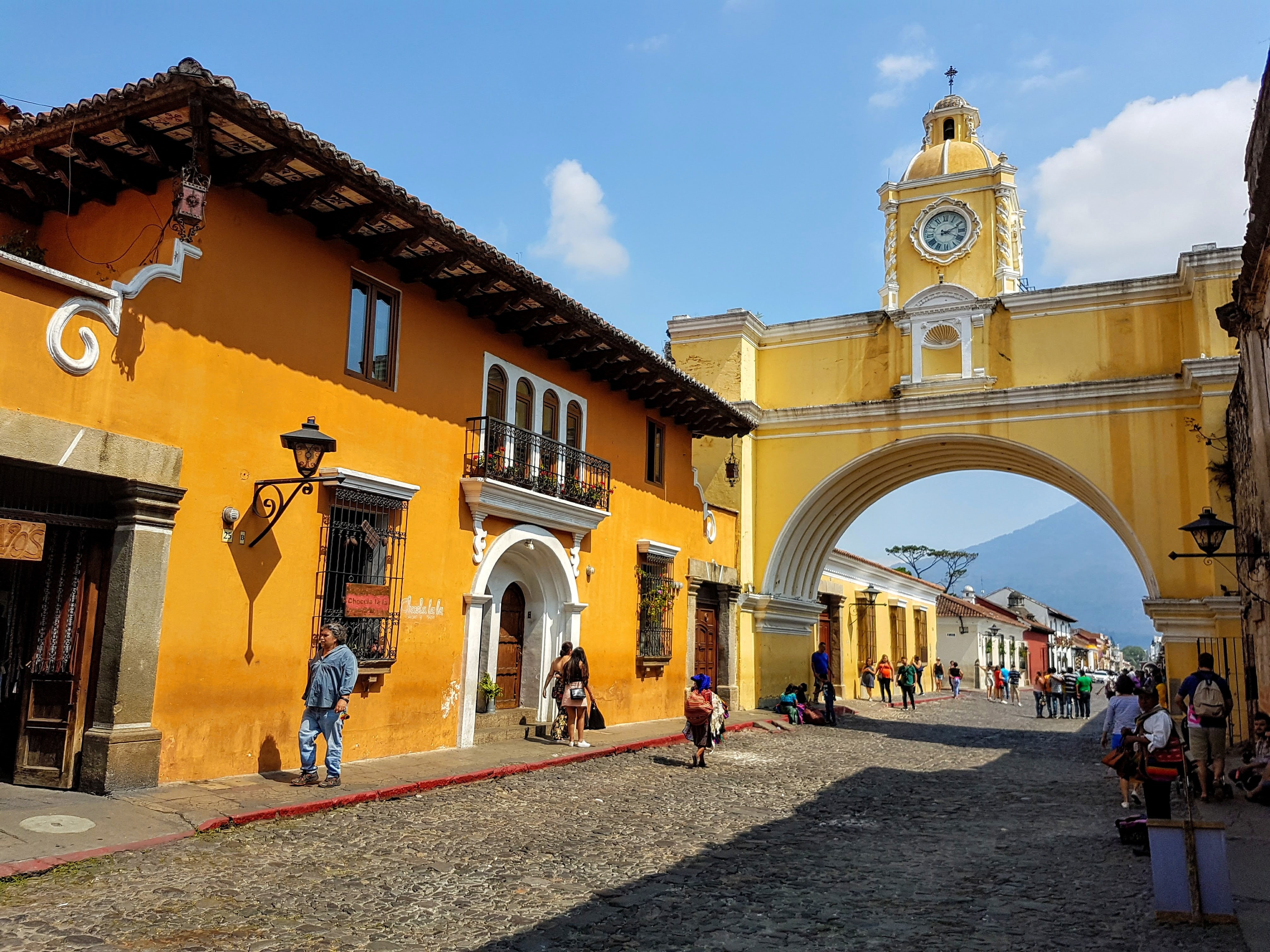 clock, group of people, street, near, building exterior, europe, built structure, day, sky, cultures, america, city, travel destinations, mayan, guatemala, HD Wallpaper