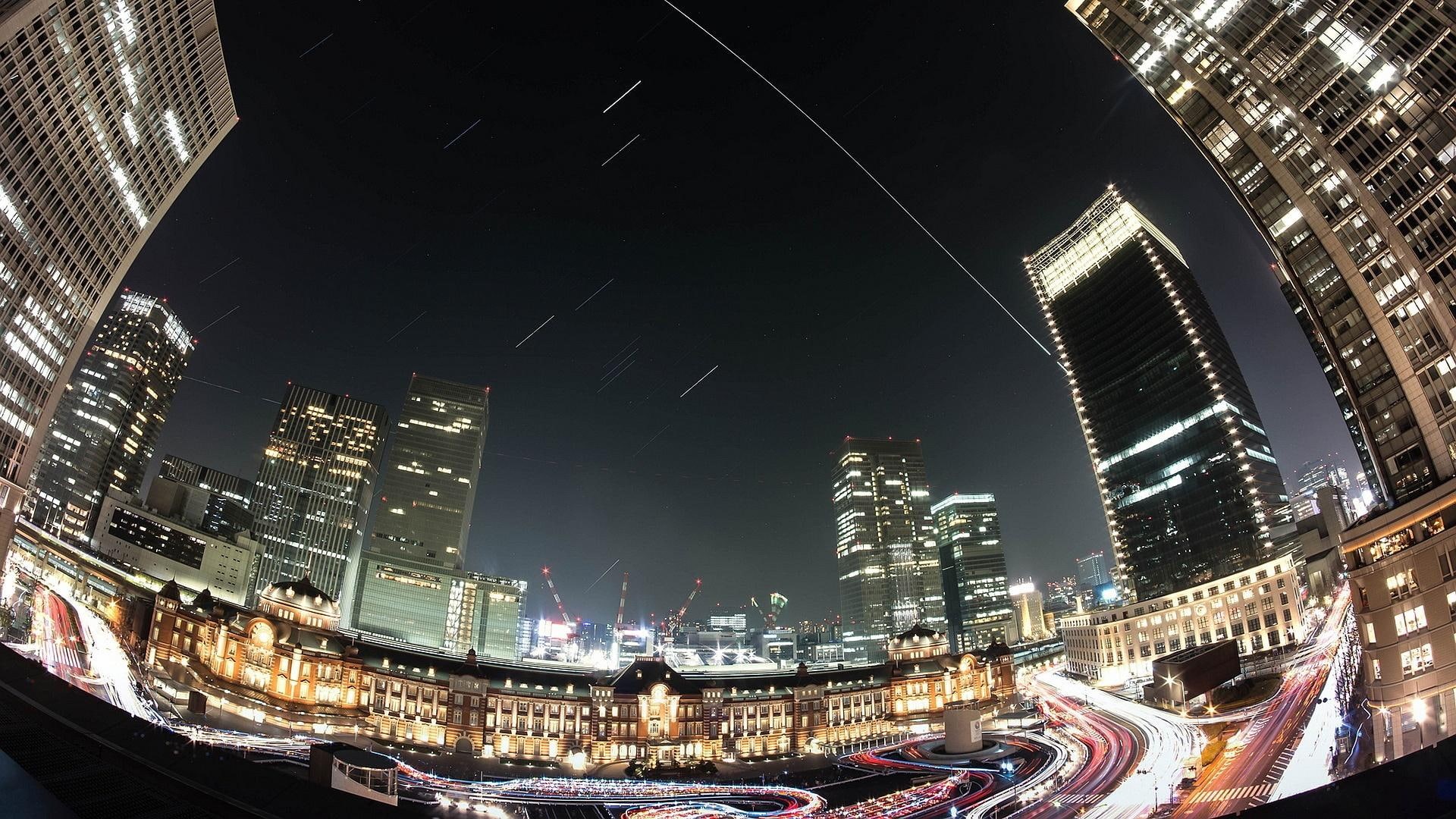 1080P, lights, fisheye, fish eye, long exposure, eye, fish, night, city, 3d and abstract, photo, fabulous, long, exposure, HD Wallpaper