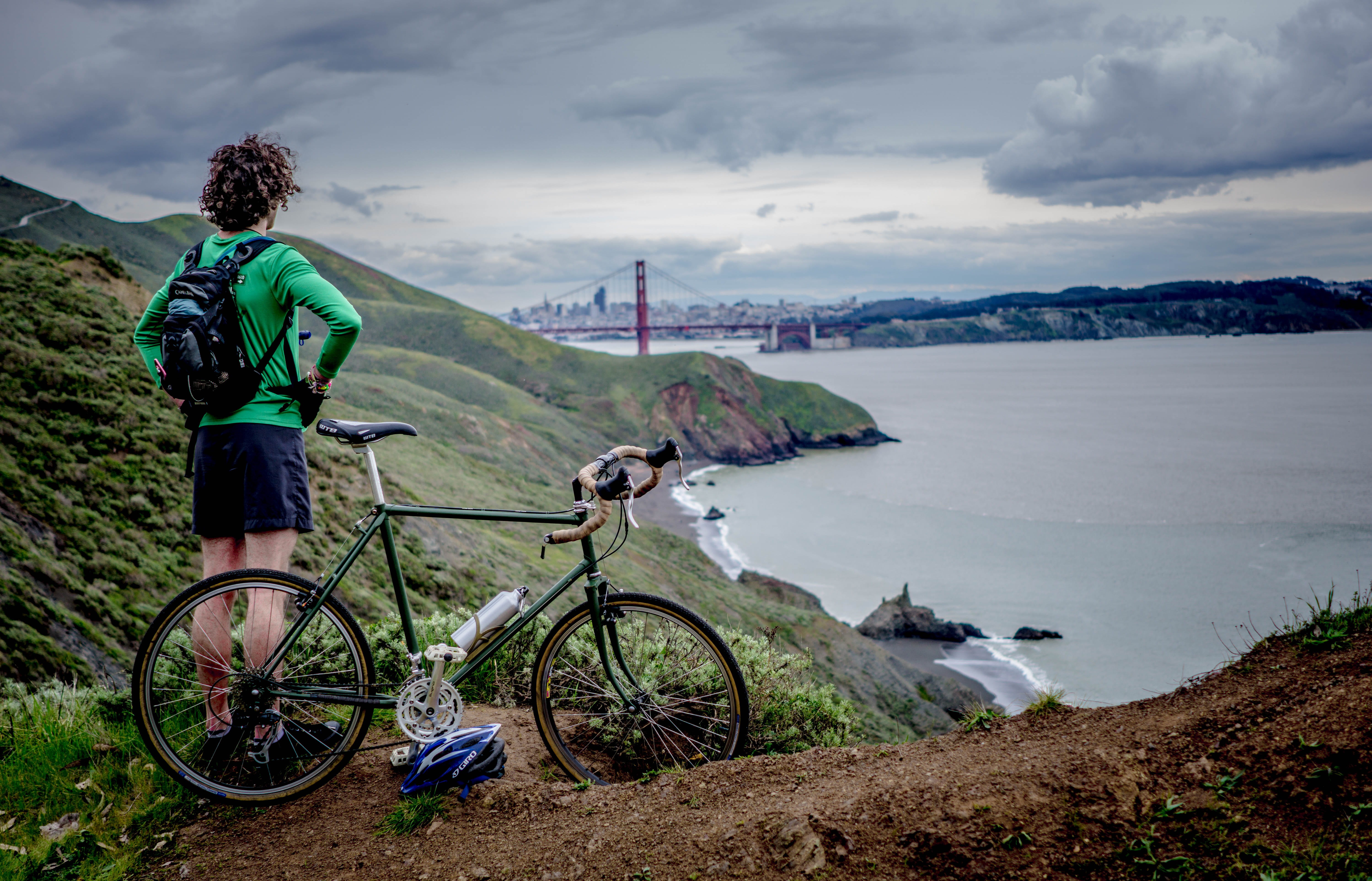 bridge, top, tranquility, mountain, exercise, active, full length, cyclist, bicycle, outdoors, cliff, sport, water, rear view, mountain bike, transportation, HD Wallpaper
