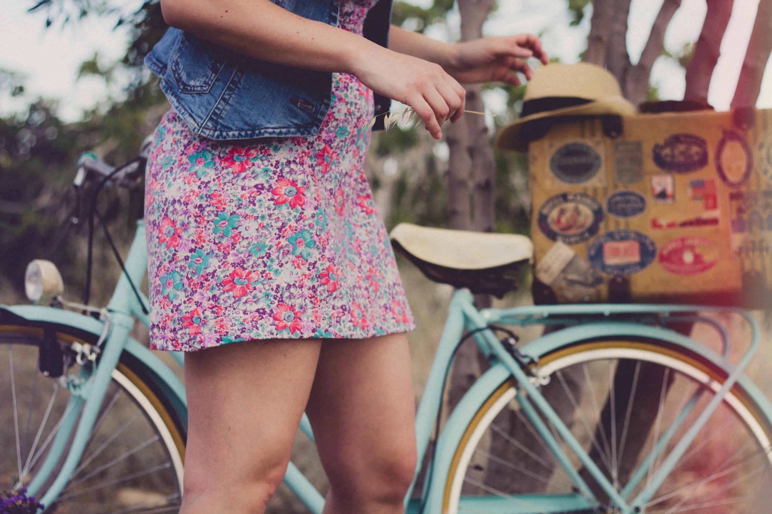 floral pattern, girl, cycling, bike, sundress, 1080P, woman, wheel, daytime, land vehicle, outdoors, women, hat, adult, dress, casual clothing, floral, HD Wallpaper