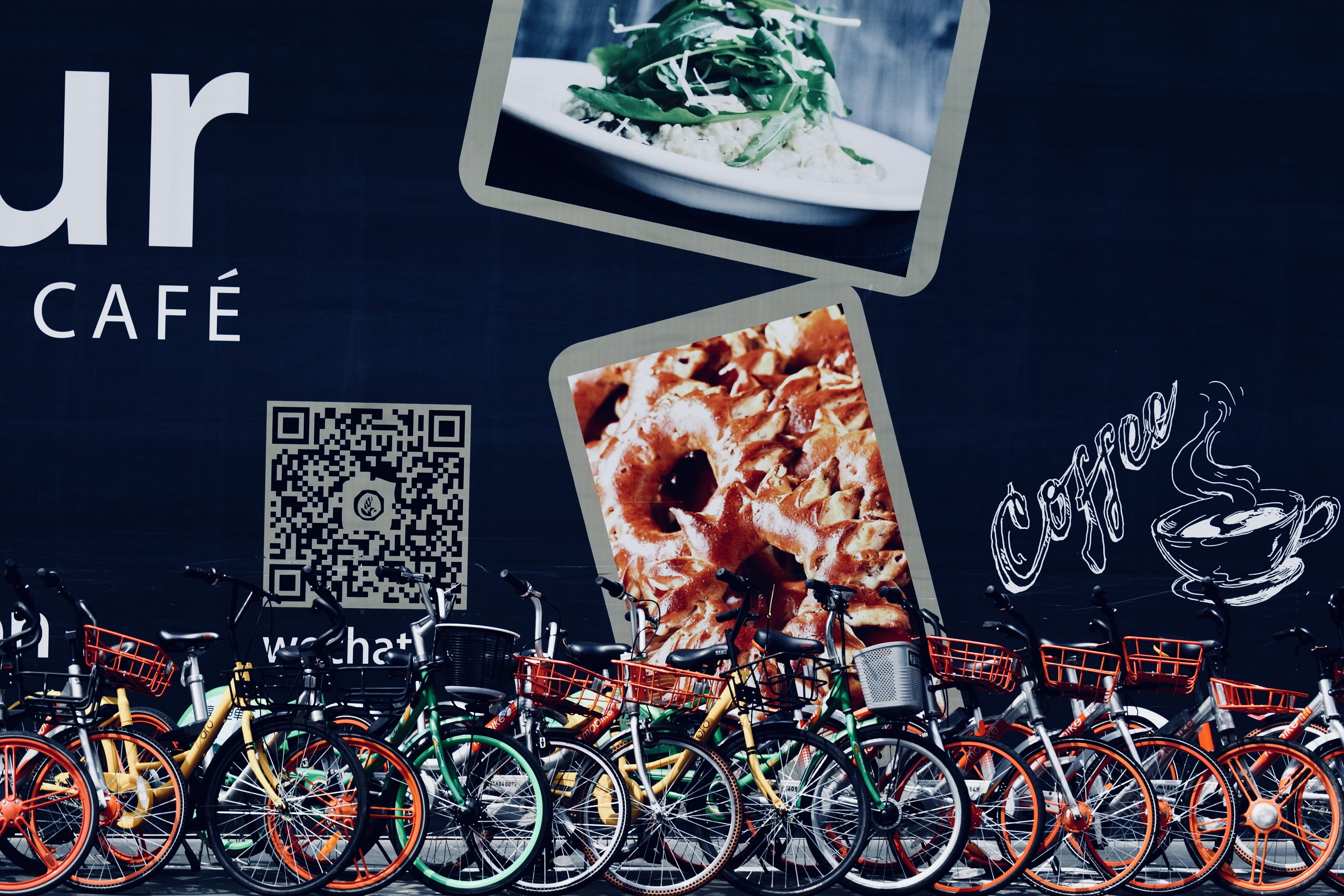 sidewalk, still life, for sale, cafe, group of objects, parked, bike, healthy eating, coffee, qr code, logo, wall, bicycle, wukang road, communication, HD Wallpaper