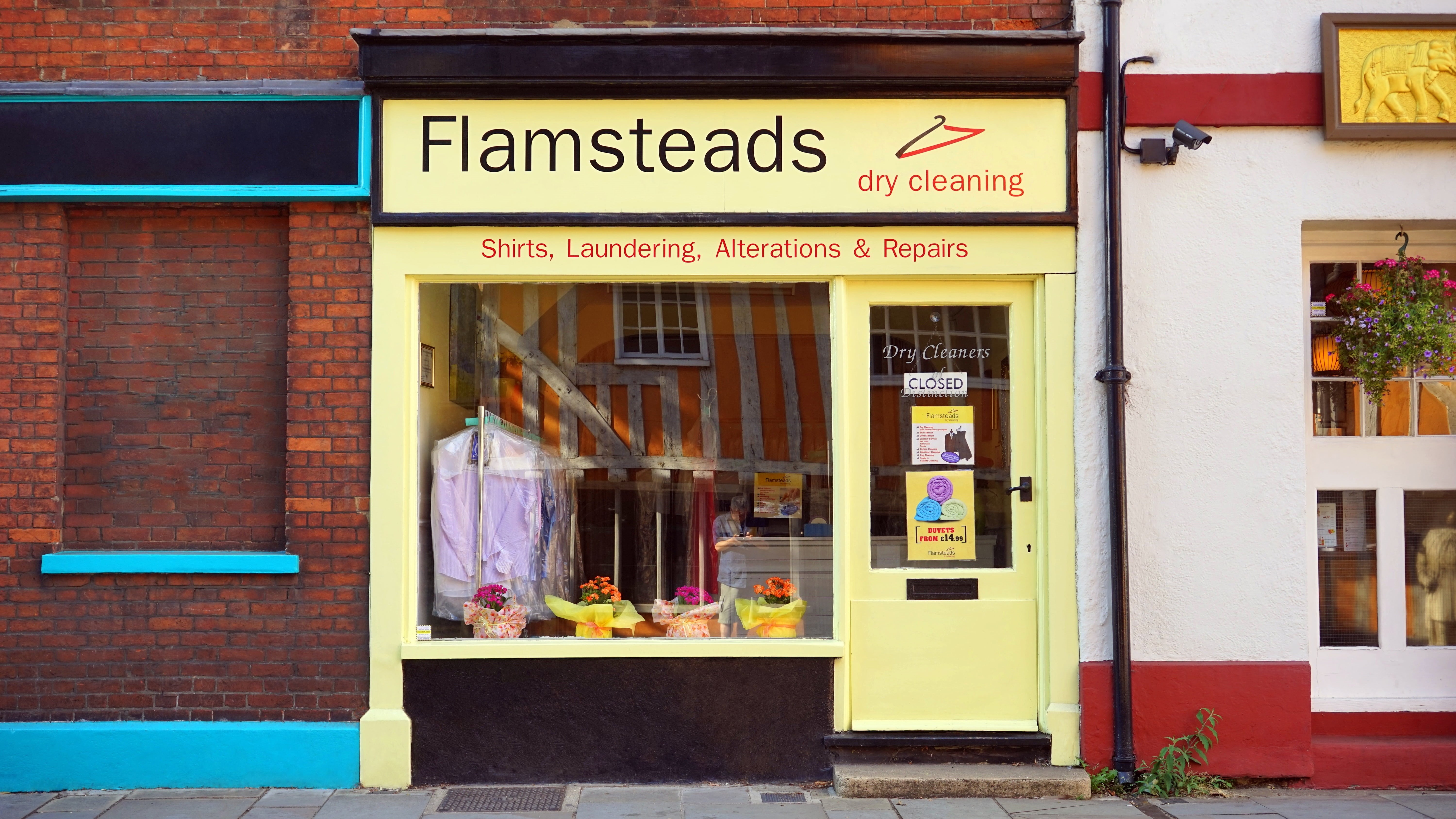 city, front, dry cleaners, yellow, store, architecture, window, road, repair, shirts, building exterior, outdoors, hertfordshire, retail, business, flamsteads dry cleaning, HD Wallpaper