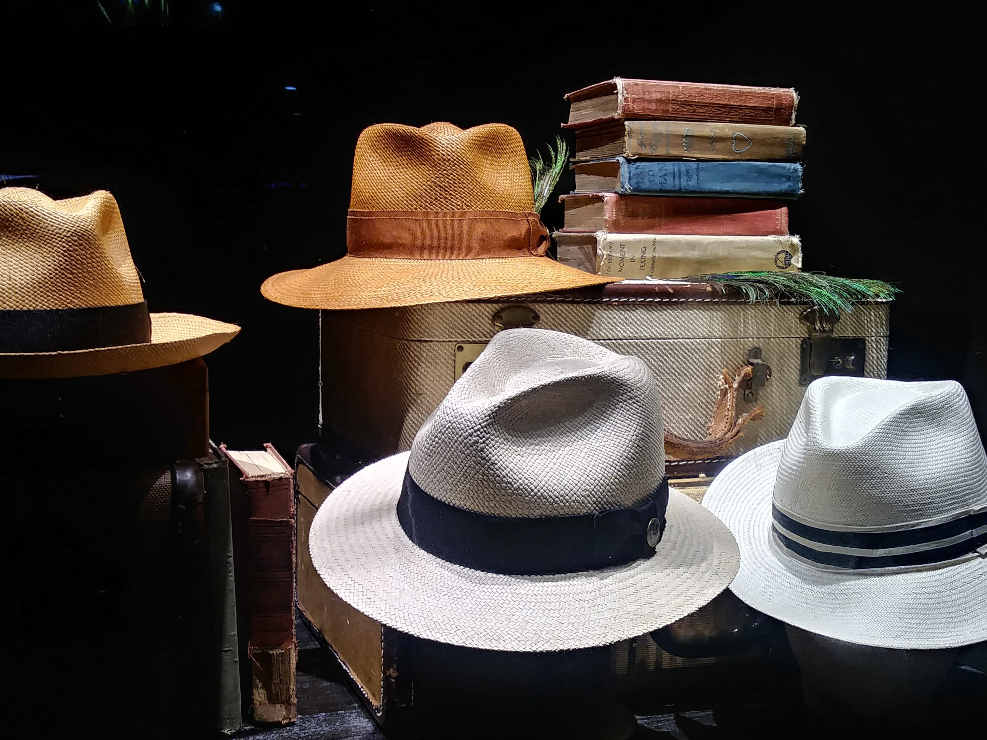 4K, shopping, personal accessory, indoors, variation, still life, hat, accessories, black background, choice, market, store, style, clothing, no people, HD Wallpaper